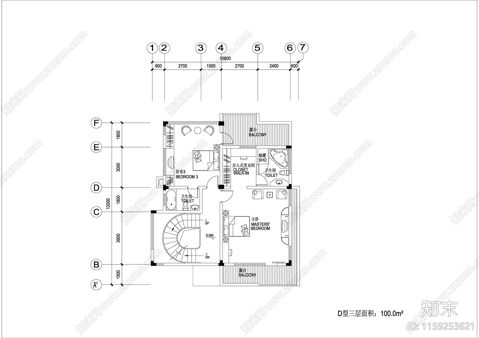 带旋转楼梯三层高档别墅设计图cad施工图下载【ID:1159253621】