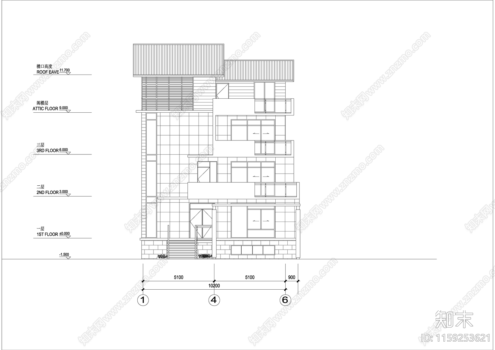 带旋转楼梯三层高档别墅设计图cad施工图下载【ID:1159253621】