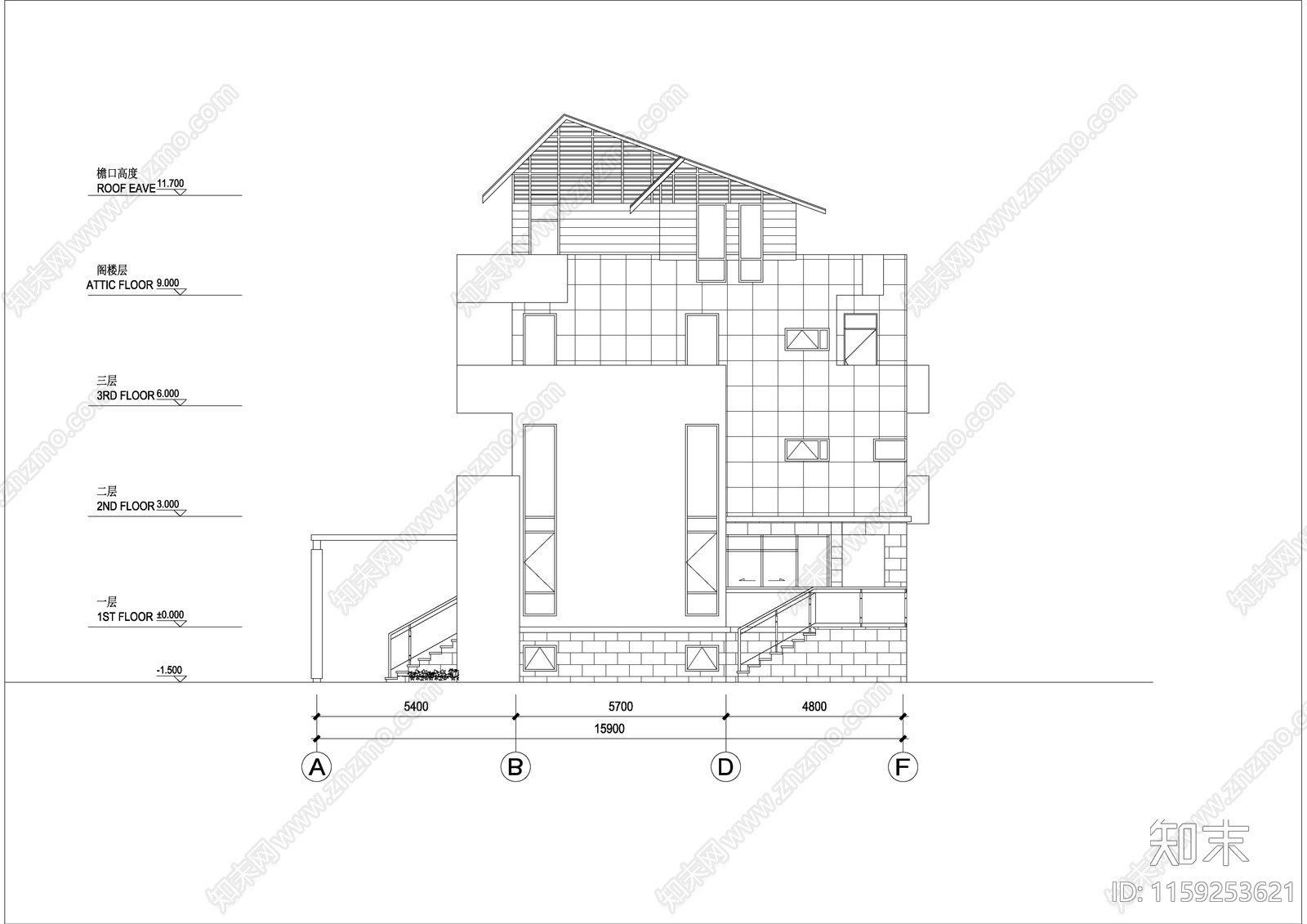 带旋转楼梯三层高档别墅设计图cad施工图下载【ID:1159253621】