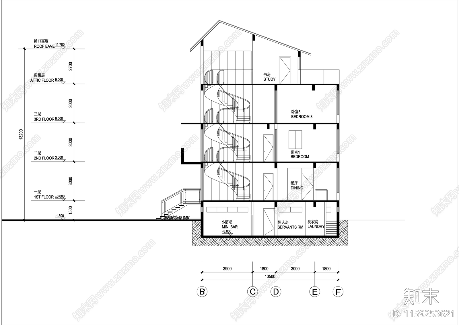 带旋转楼梯三层高档别墅设计图cad施工图下载【ID:1159253621】