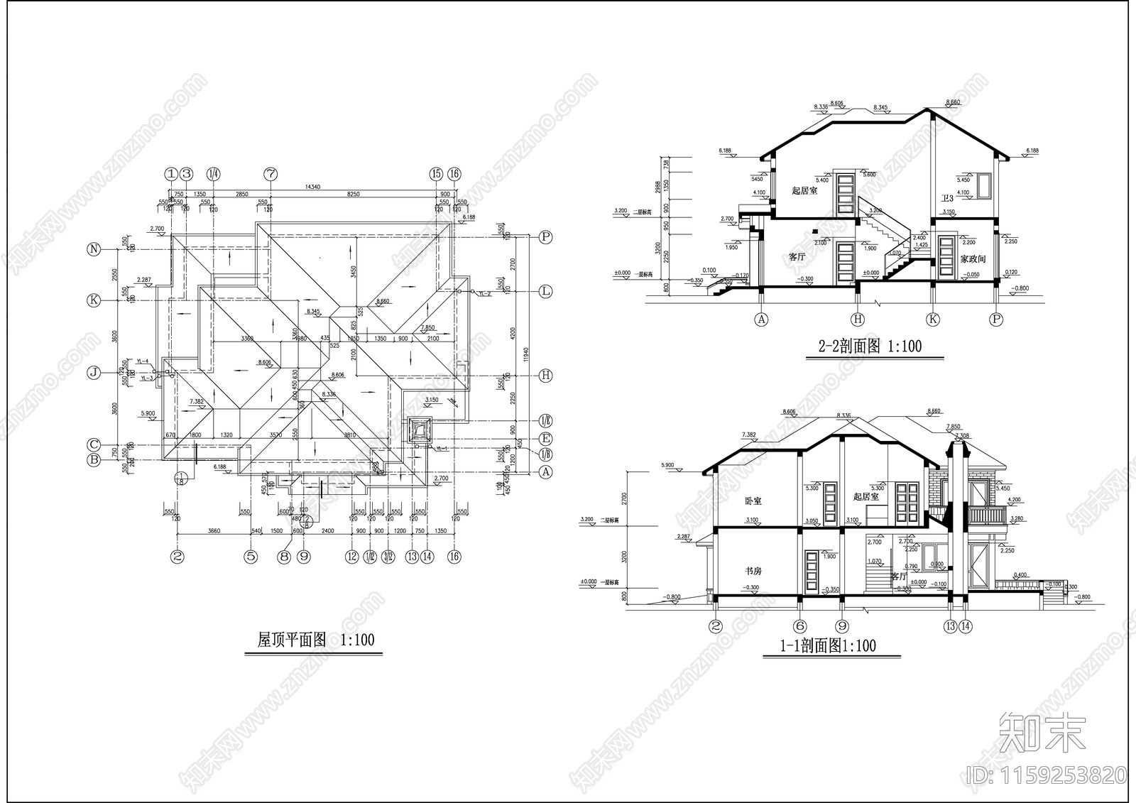 独栋经典别墅建筑设cad施工图下载【ID:1159253820】