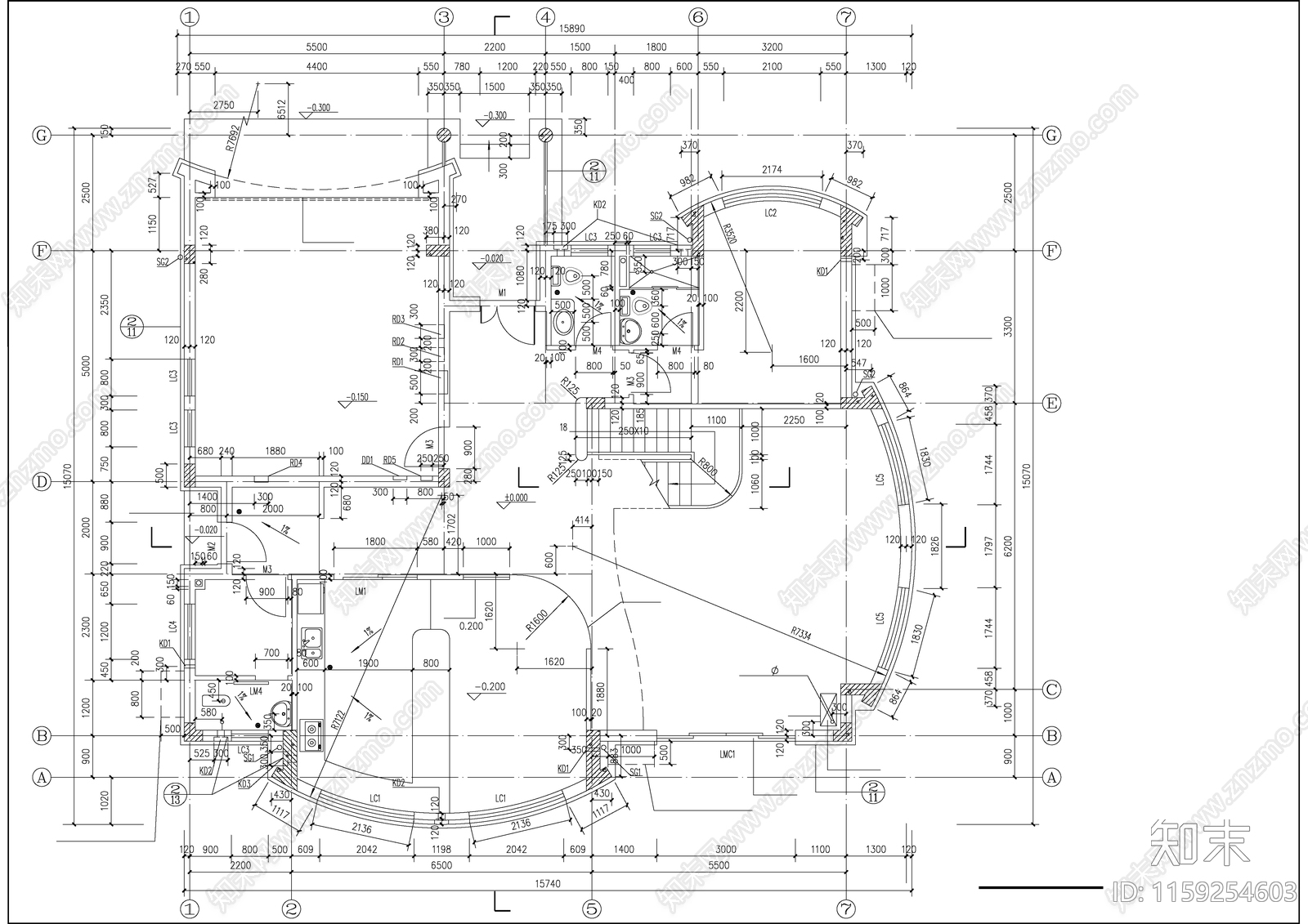 现代简约两层别墅坡地建筑cad施工图下载【ID:1159254603】