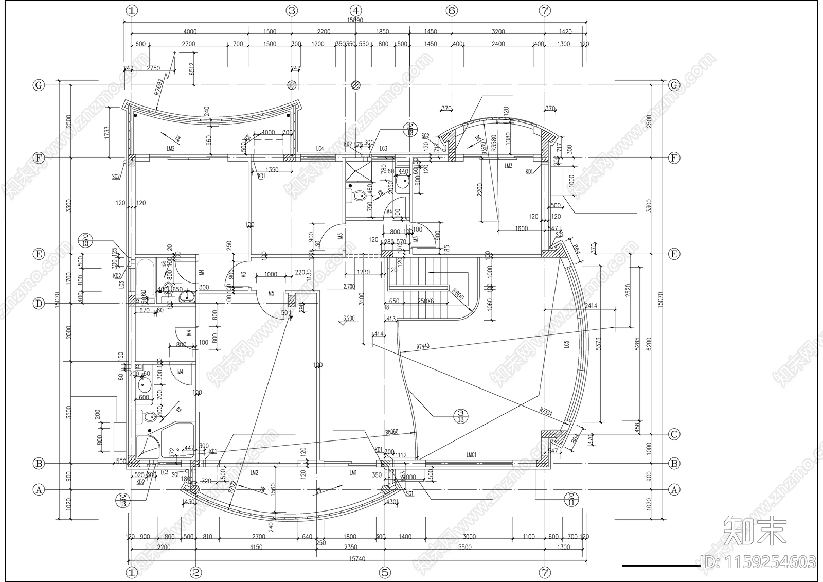 现代简约两层别墅坡地建筑cad施工图下载【ID:1159254603】