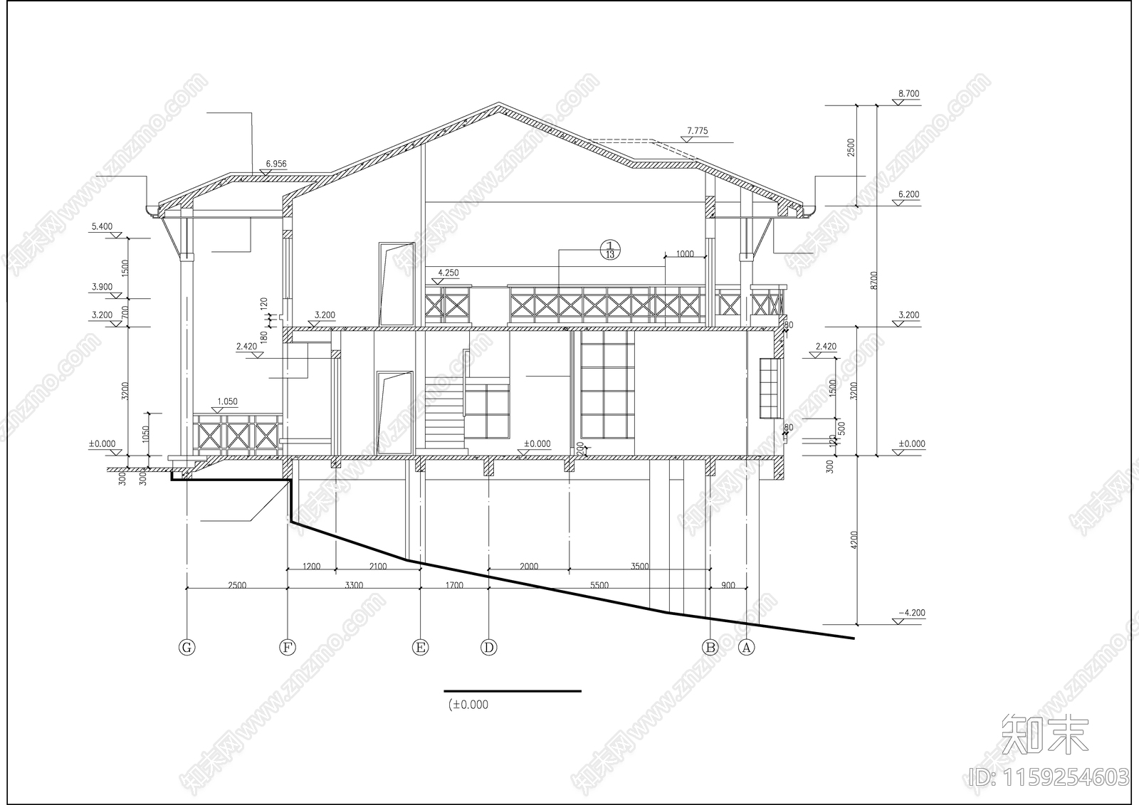 现代简约两层别墅坡地建筑cad施工图下载【ID:1159254603】