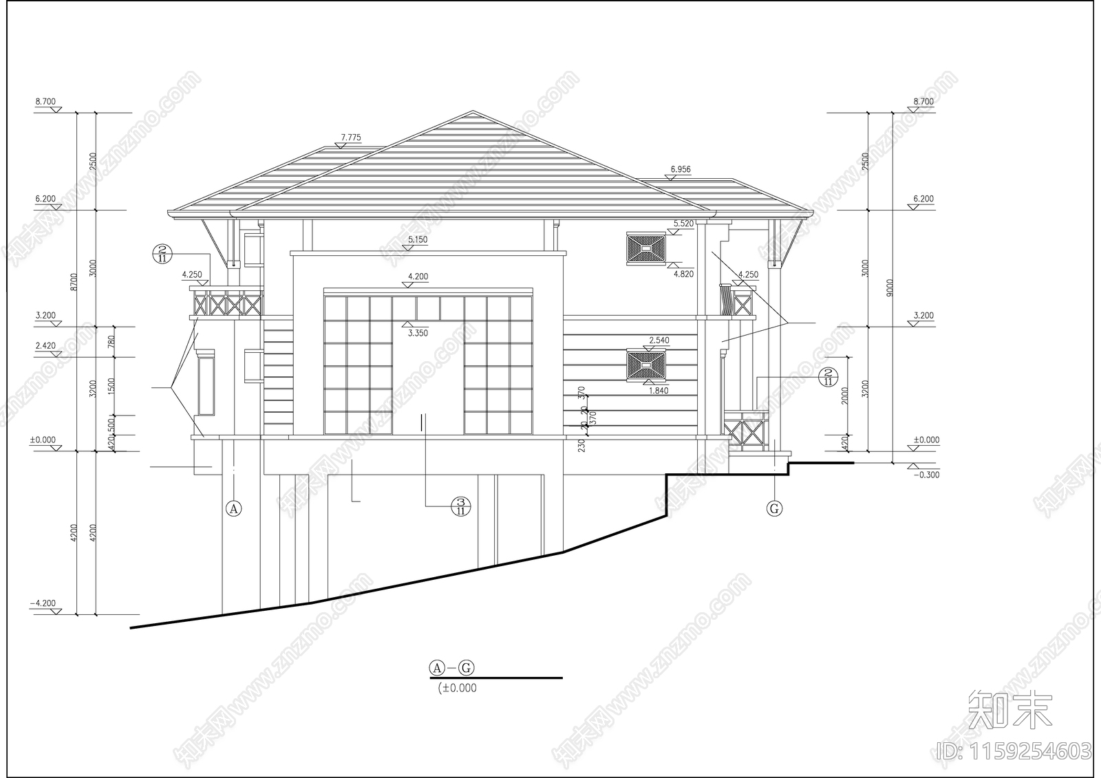 现代简约两层别墅坡地建筑cad施工图下载【ID:1159254603】