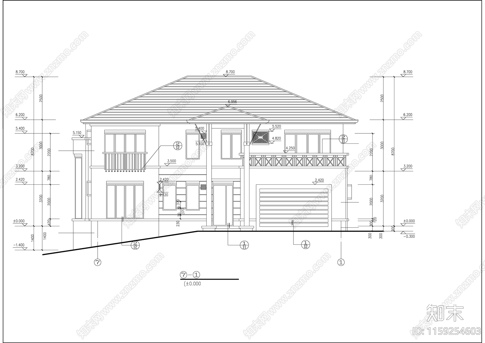 现代简约两层别墅坡地建筑cad施工图下载【ID:1159254603】