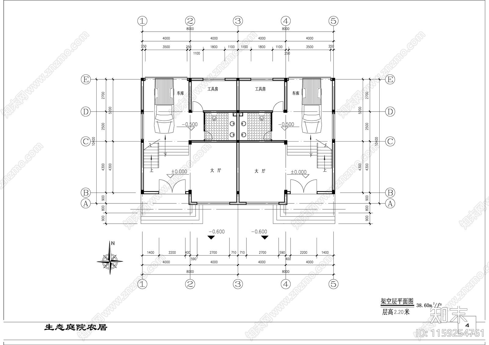 双拼别墅建筑cad施工图下载【ID:1159254761】