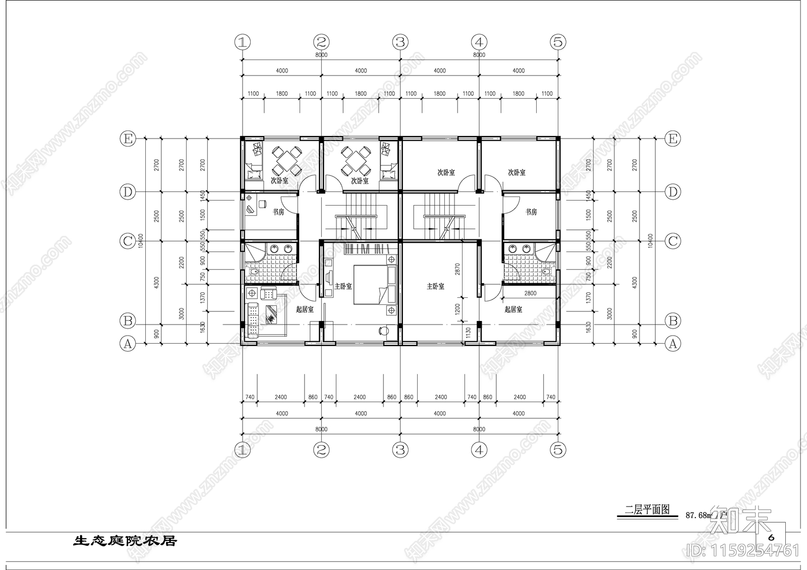 双拼别墅建筑cad施工图下载【ID:1159254761】