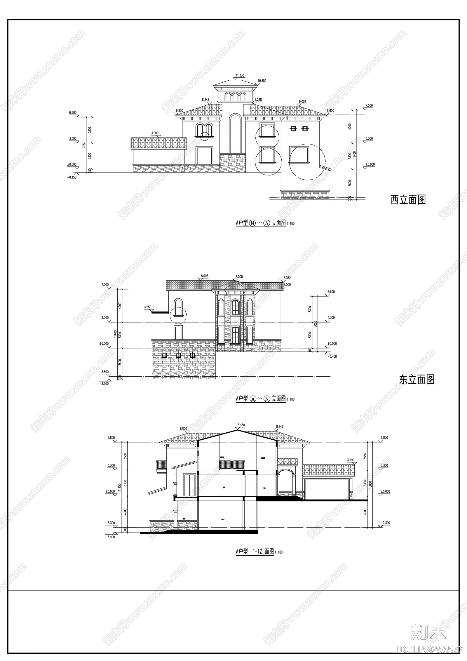 地中海独栋别墅cad施工图下载【ID:1159266577】