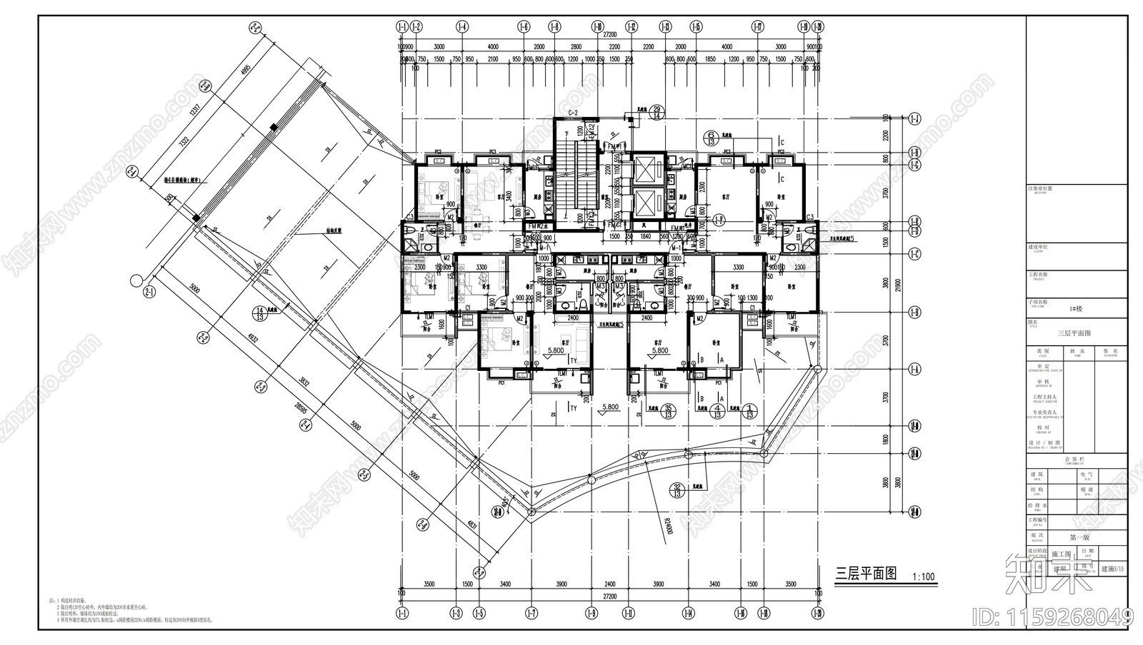 二十二层住宅楼建筑cad施工图下载【ID:1159268049】