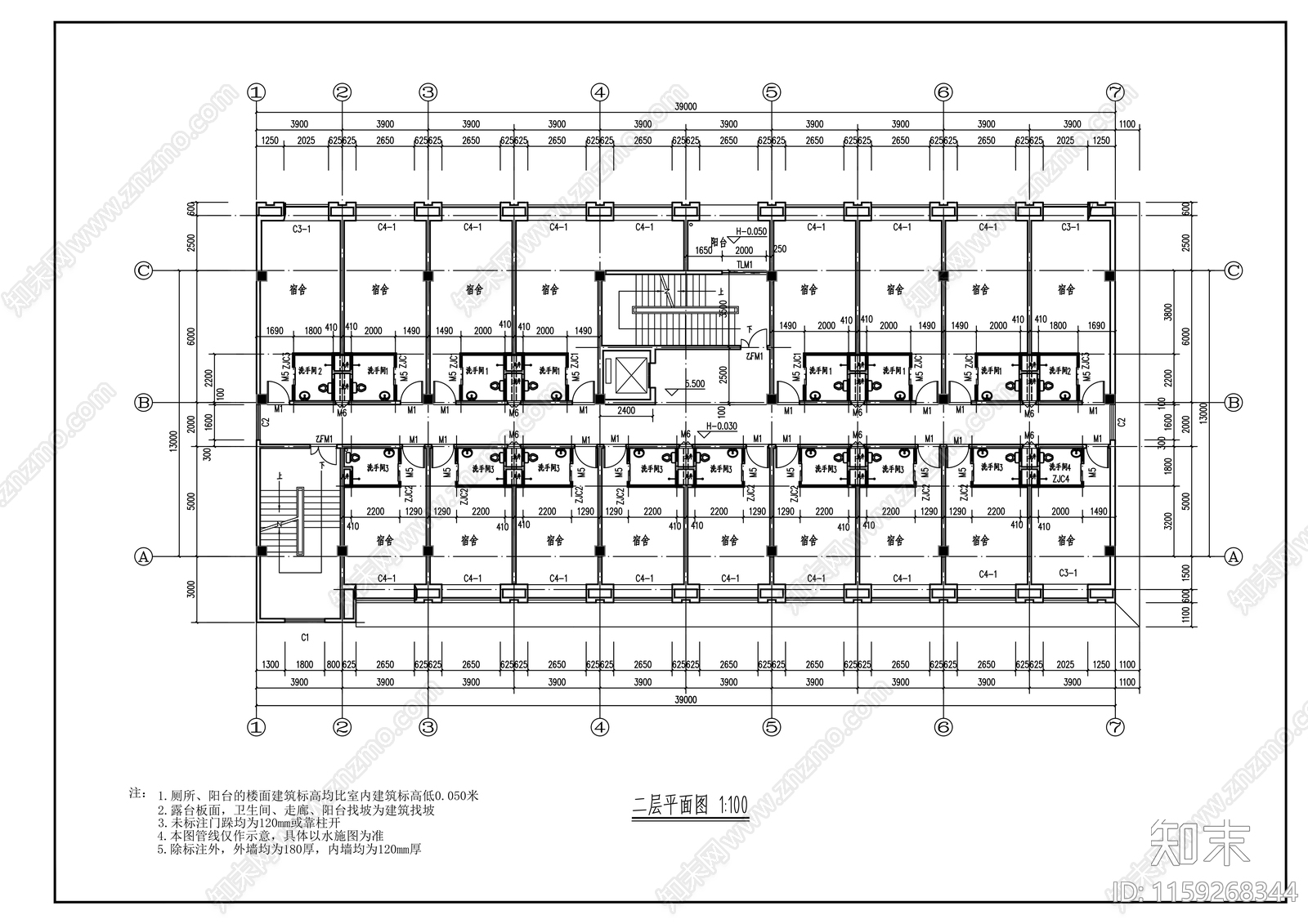 六层宿舍楼建筑cad施工图下载【ID:1159268344】