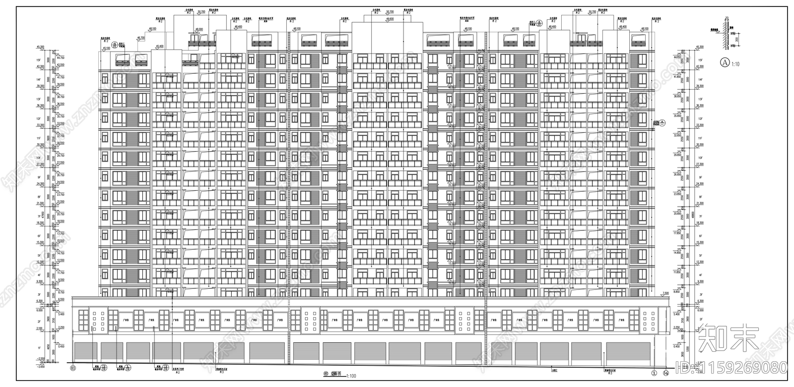 十五层商业住宅楼建筑cad施工图下载【ID:1159269080】