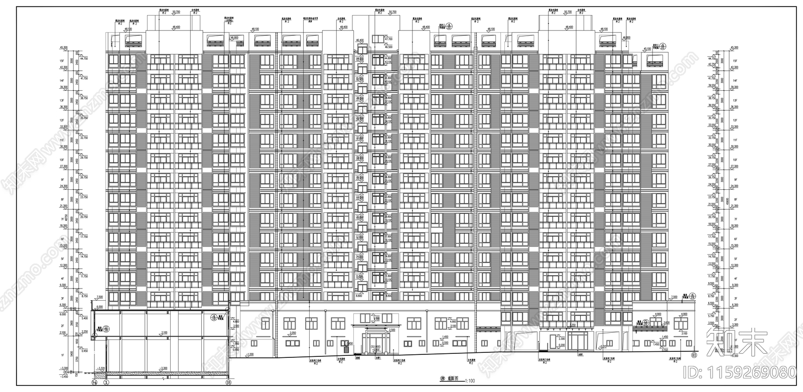 十五层商业住宅楼建筑cad施工图下载【ID:1159269080】