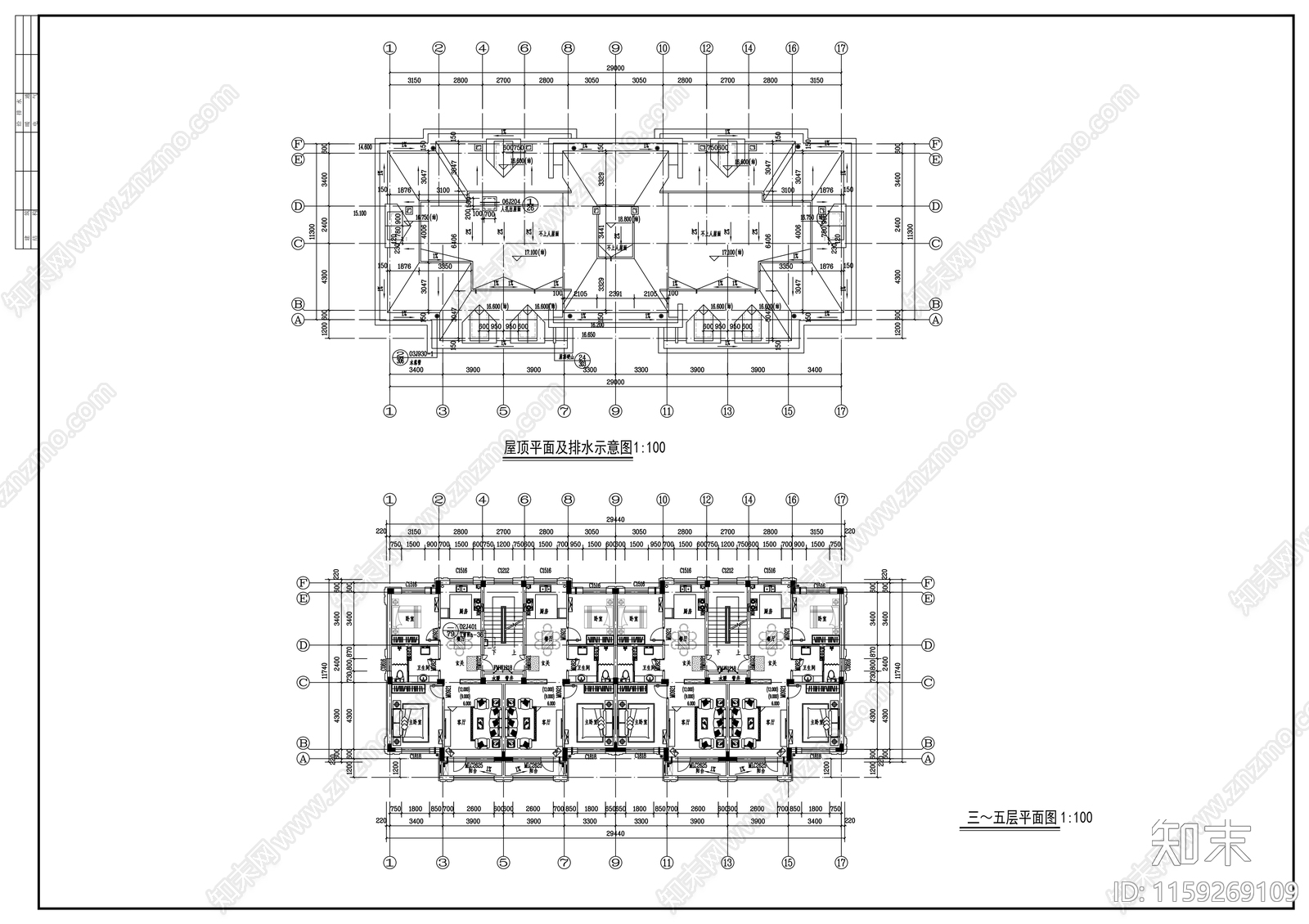 五层四连板住宅楼建筑cad施工图下载【ID:1159269109】