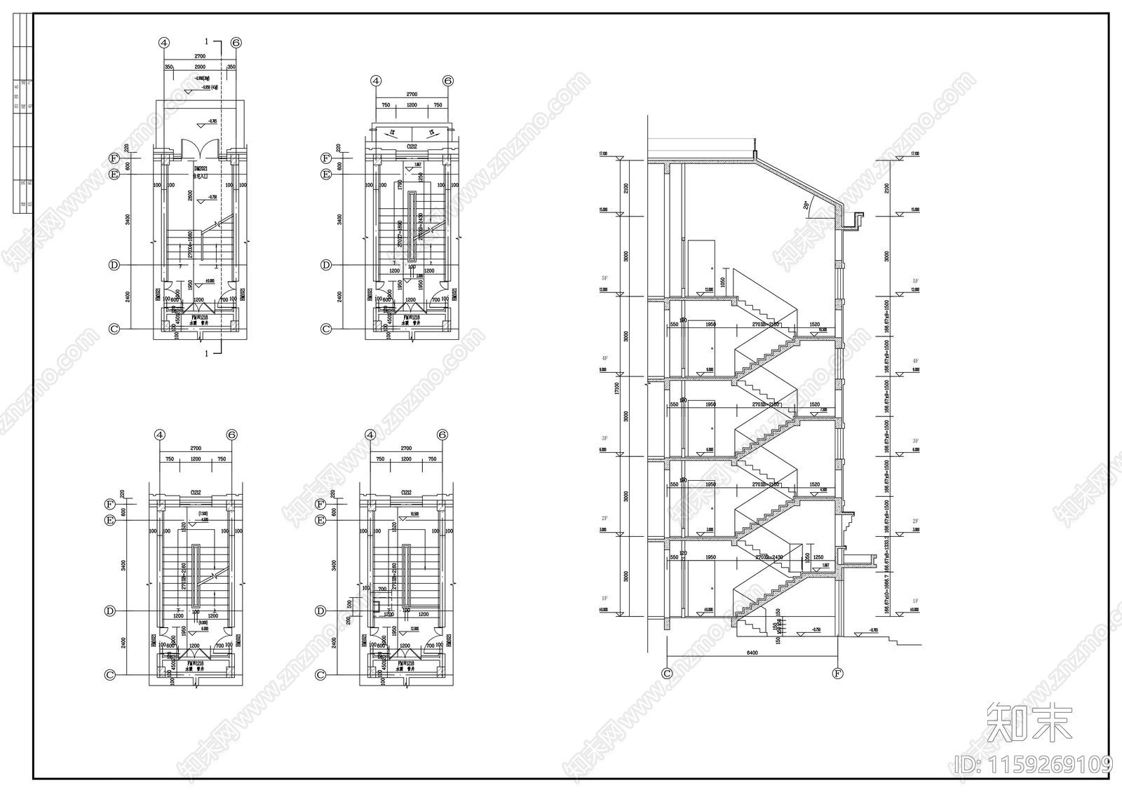 五层四连板住宅楼建筑cad施工图下载【ID:1159269109】