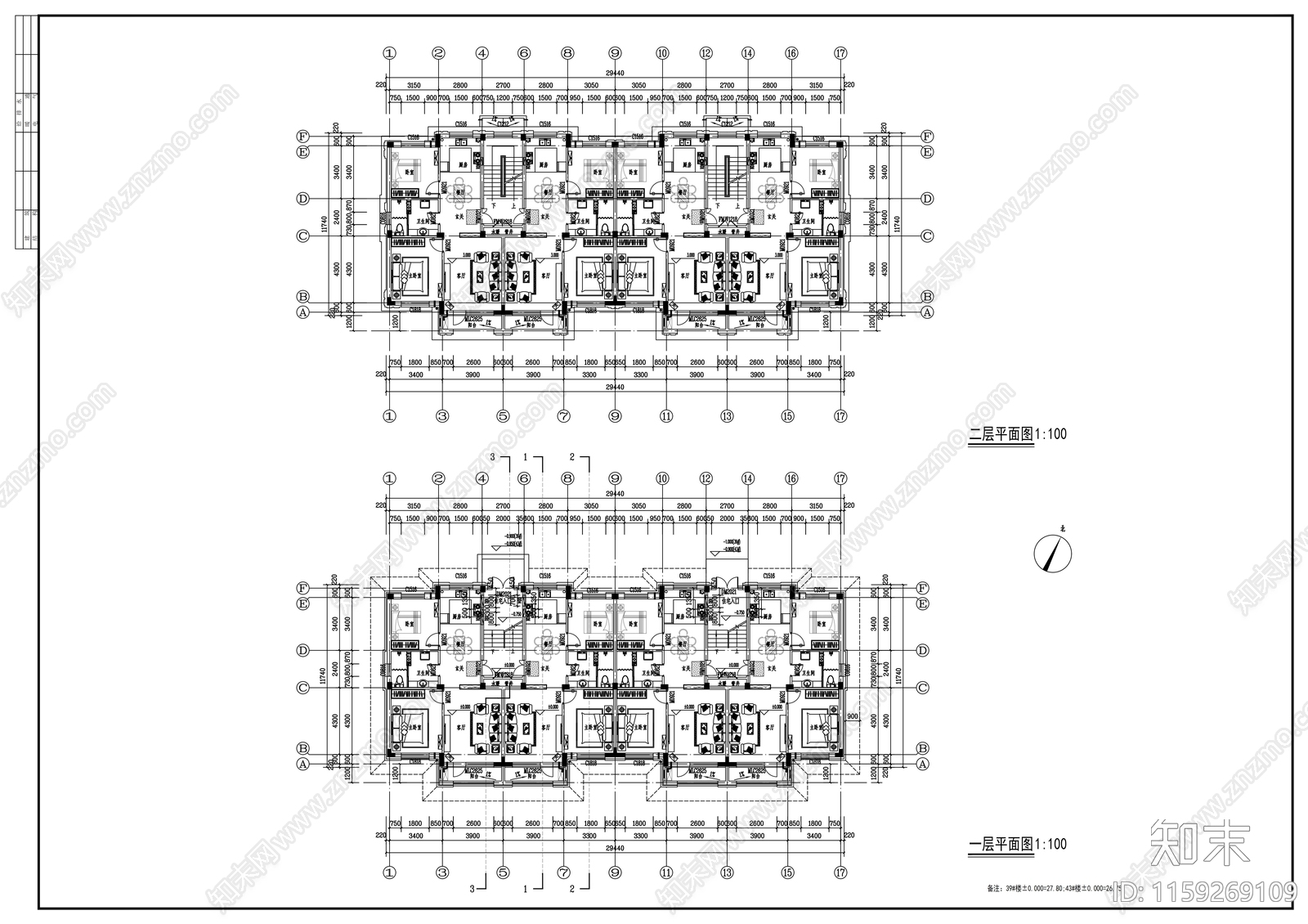 五层四连板住宅楼建筑cad施工图下载【ID:1159269109】