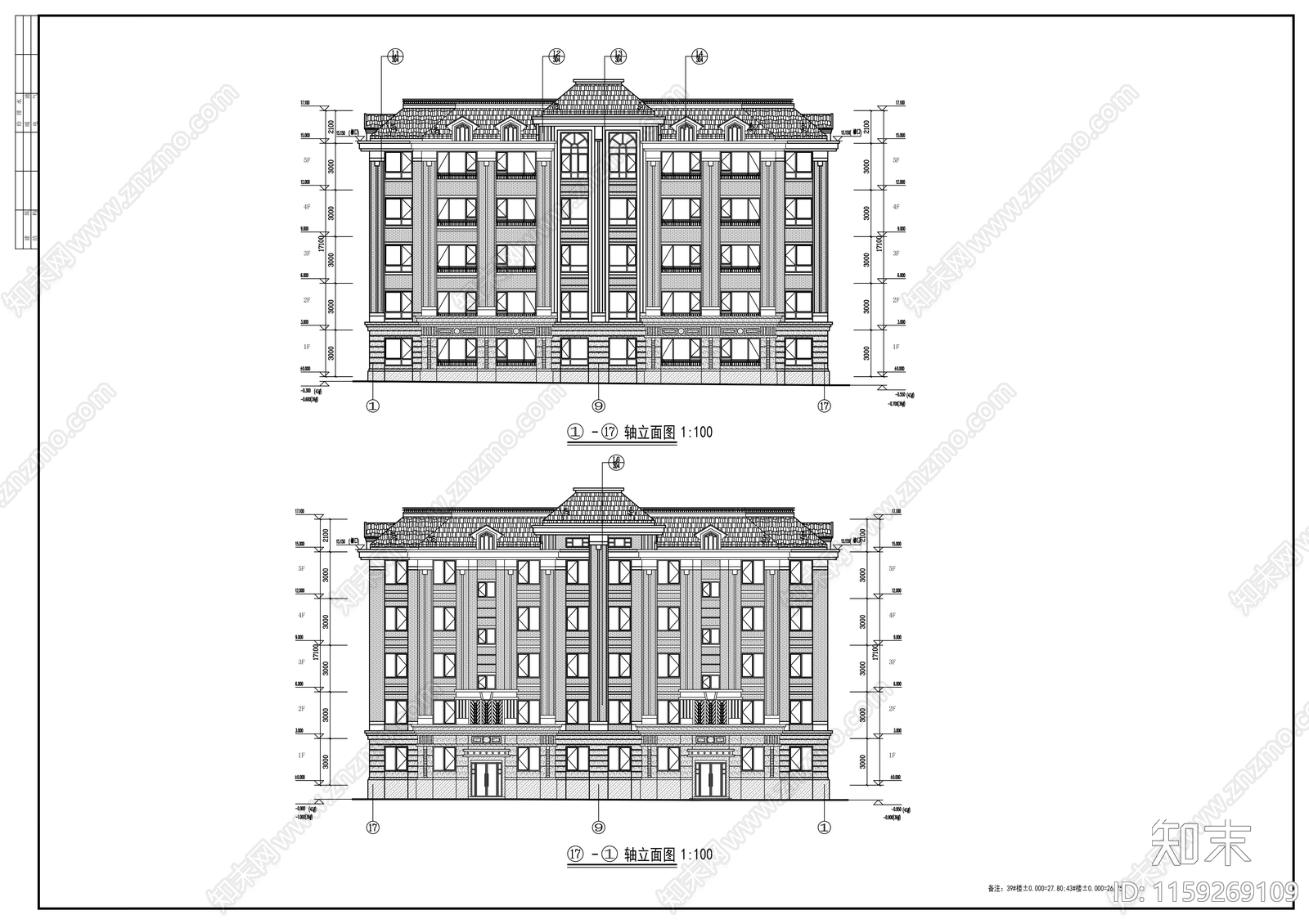 五层四连板住宅楼建筑cad施工图下载【ID:1159269109】