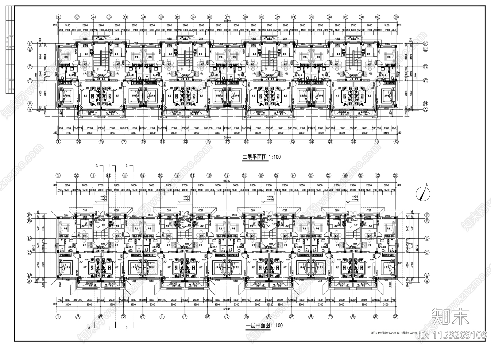 五层四连板住宅楼建筑cad施工图下载【ID:1159269109】