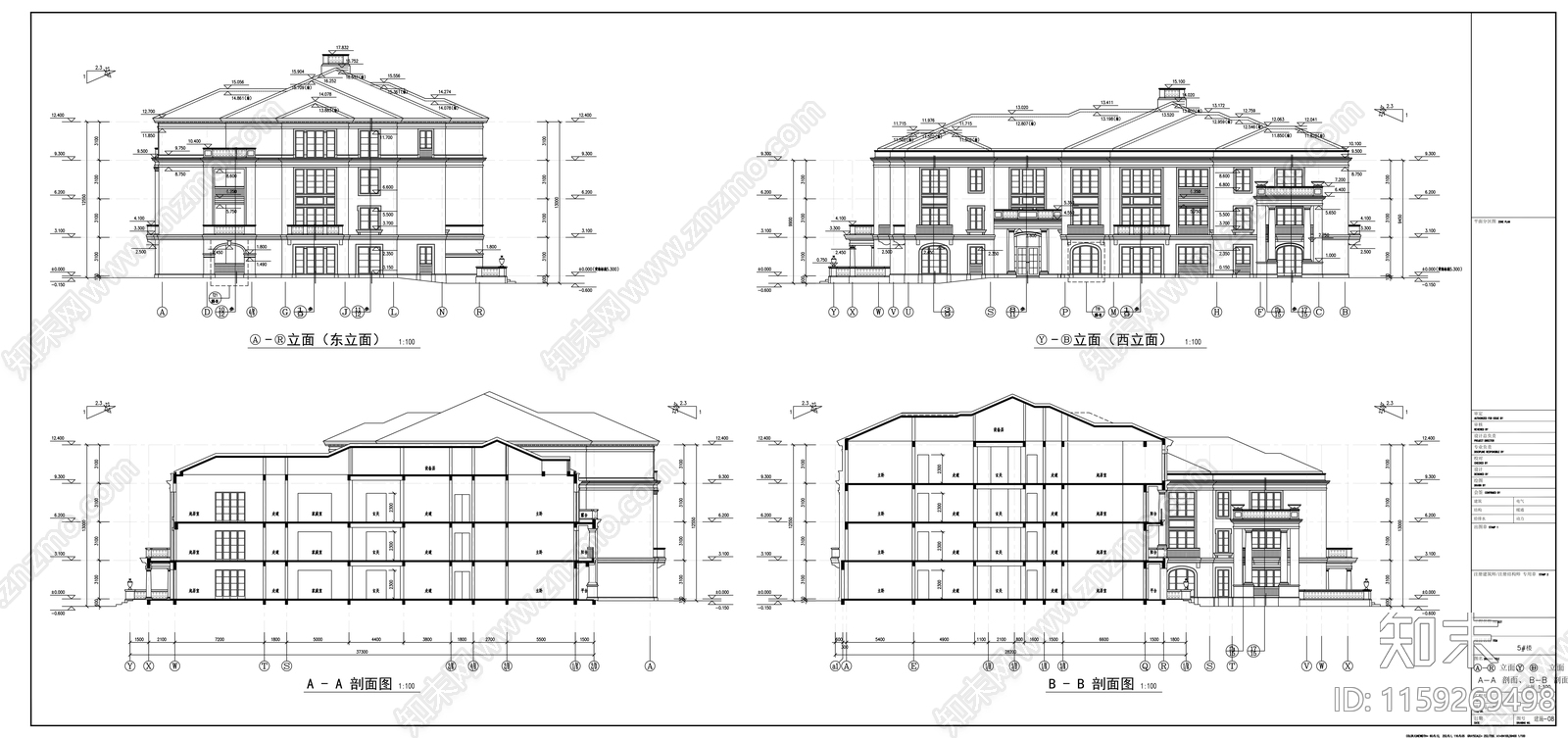 法式西湖区某四层花园洋房建筑cad施工图下载【ID:1159269498】