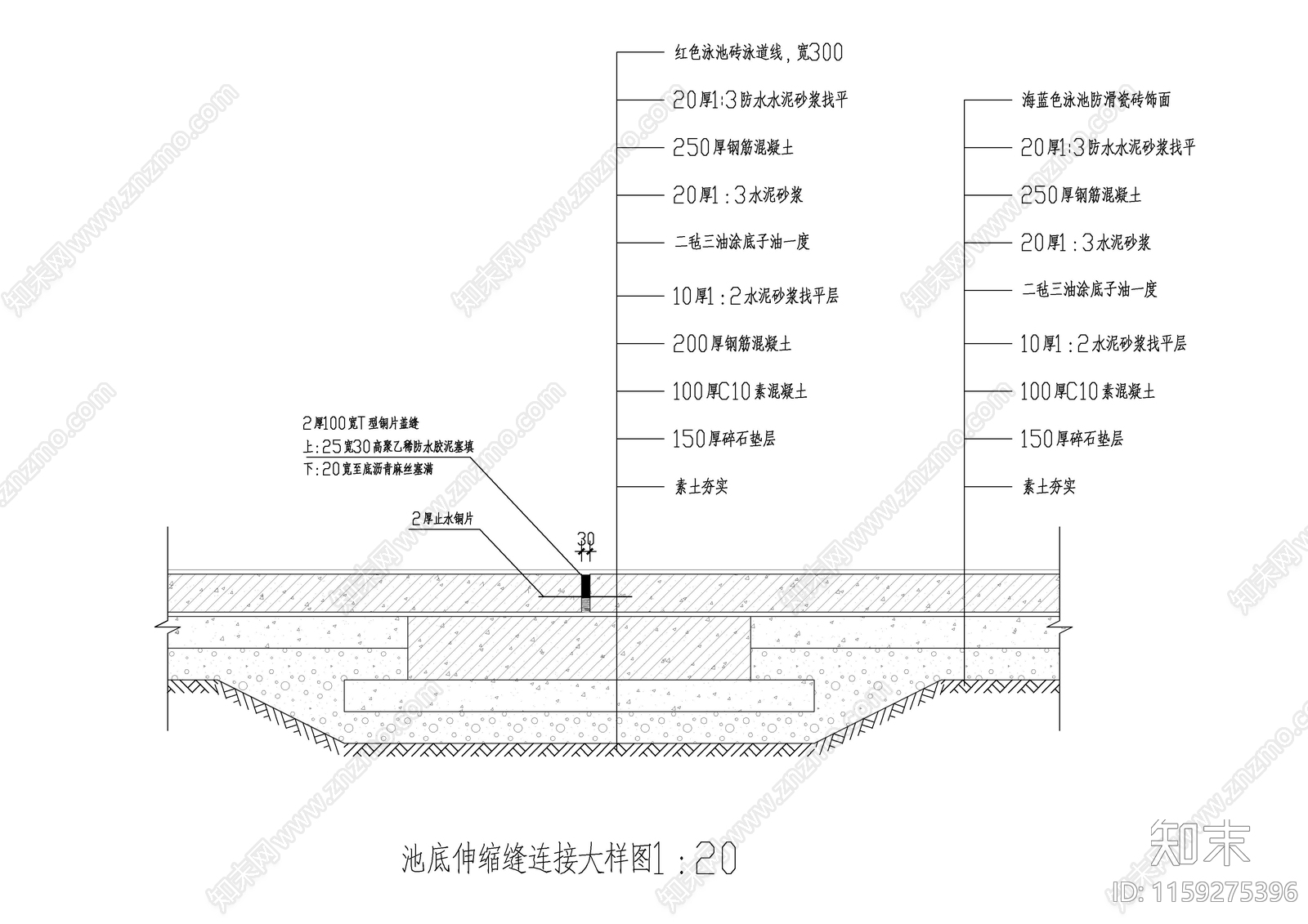 游泳馆池底伸缩缝连接大样cad施工图下载【ID:1159275396】