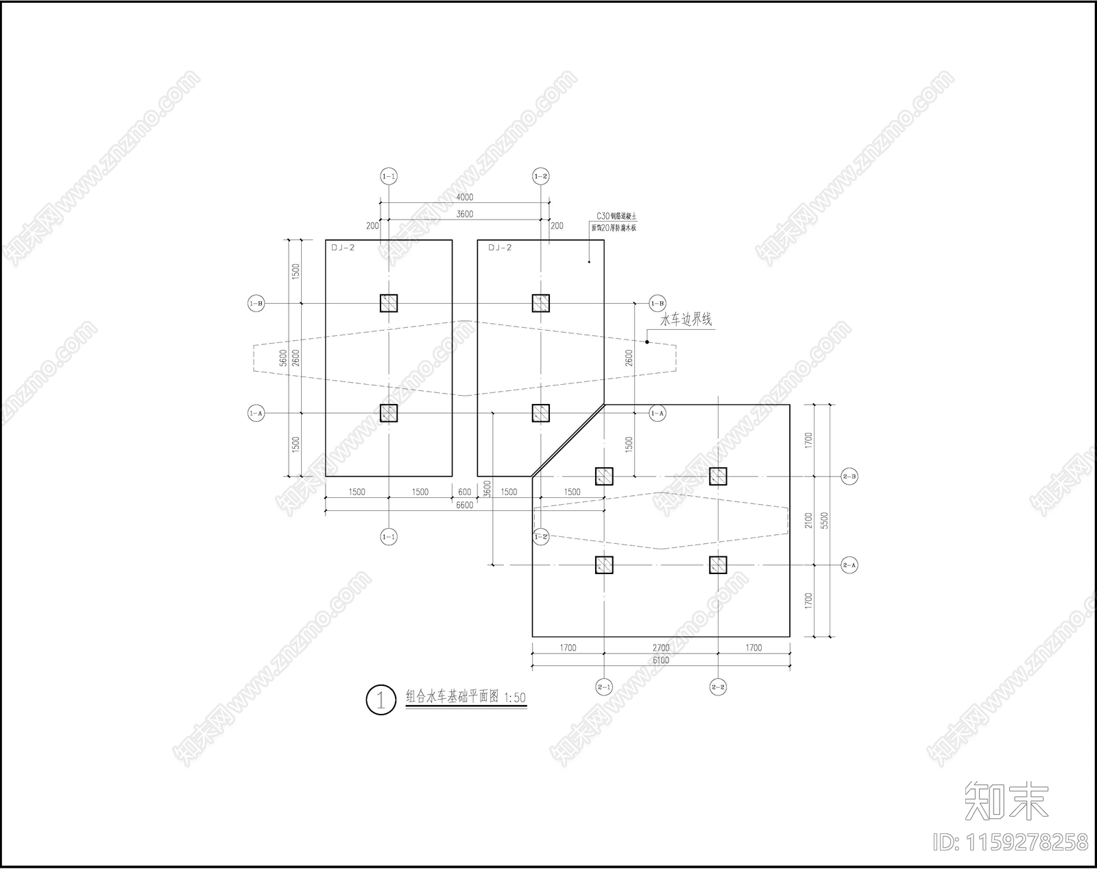 子母水车防腐木结构钢混基础配筋做法施工图下载【ID:1159278258】