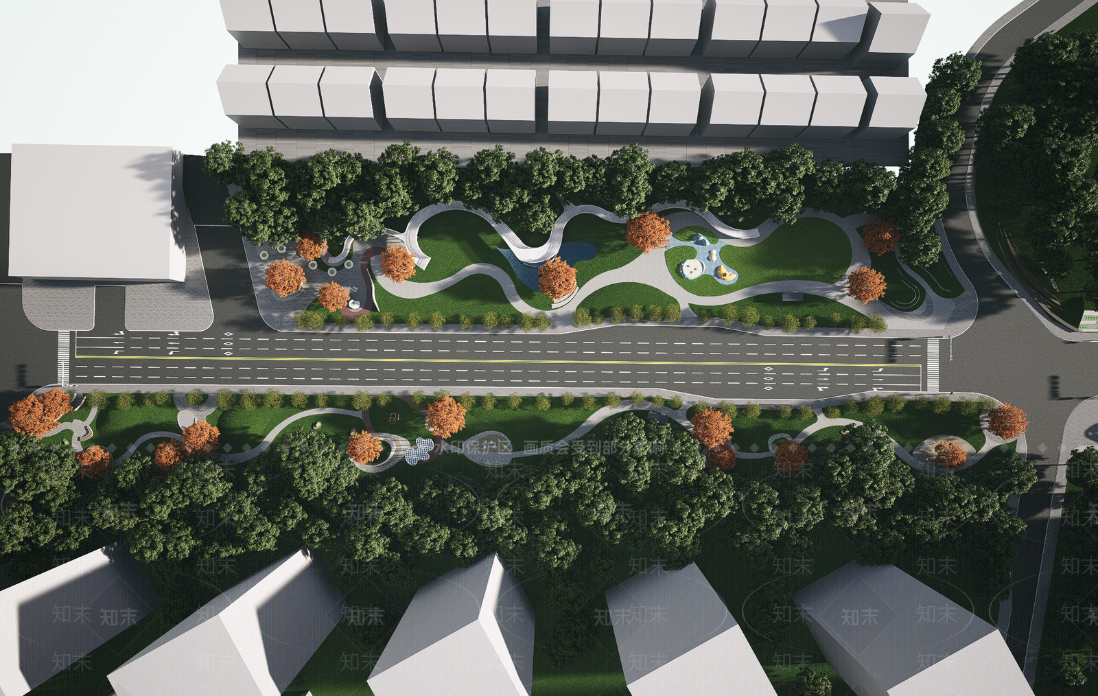 现代市政道路带状公园景观SU模型下载【ID:1159286566】