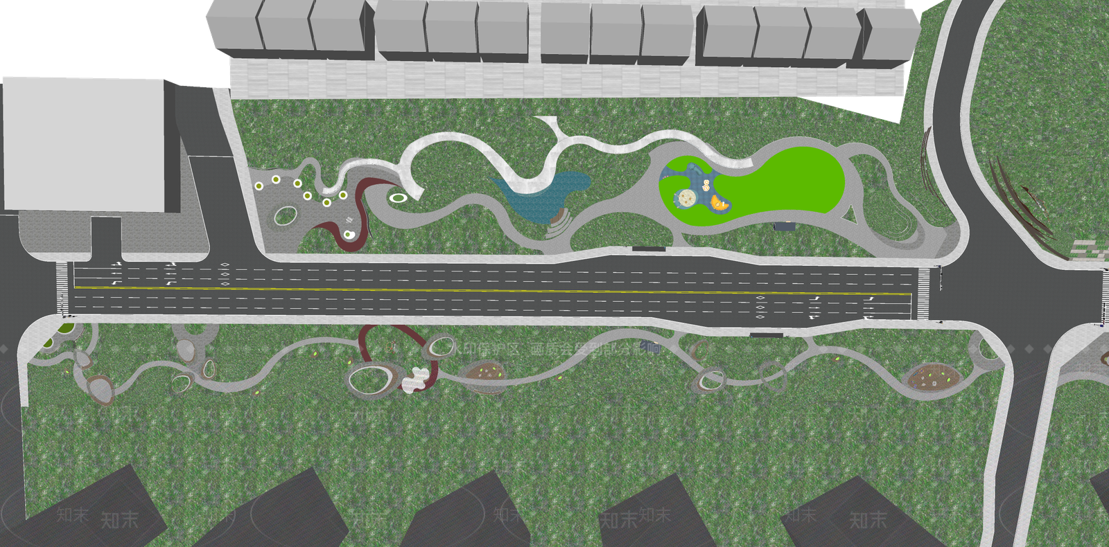 现代市政道路带状公园景观SU模型下载【ID:1159286566】