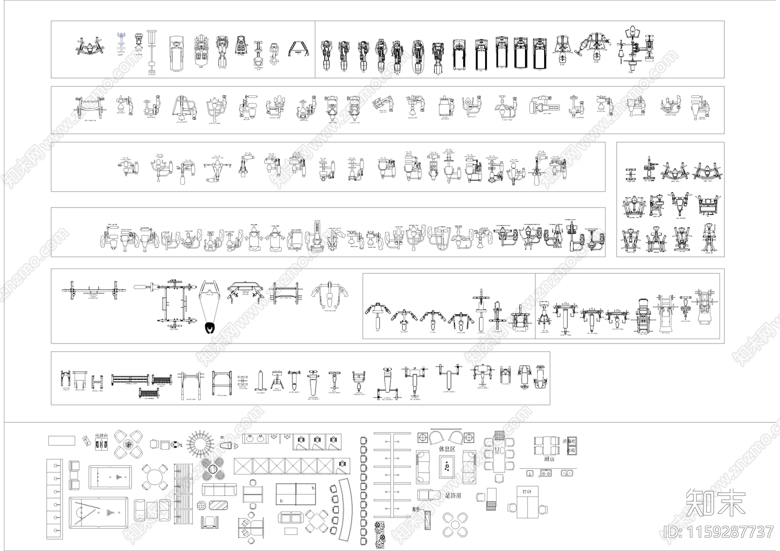 健身房专用平面图块cad施工图下载【ID:1159287737】