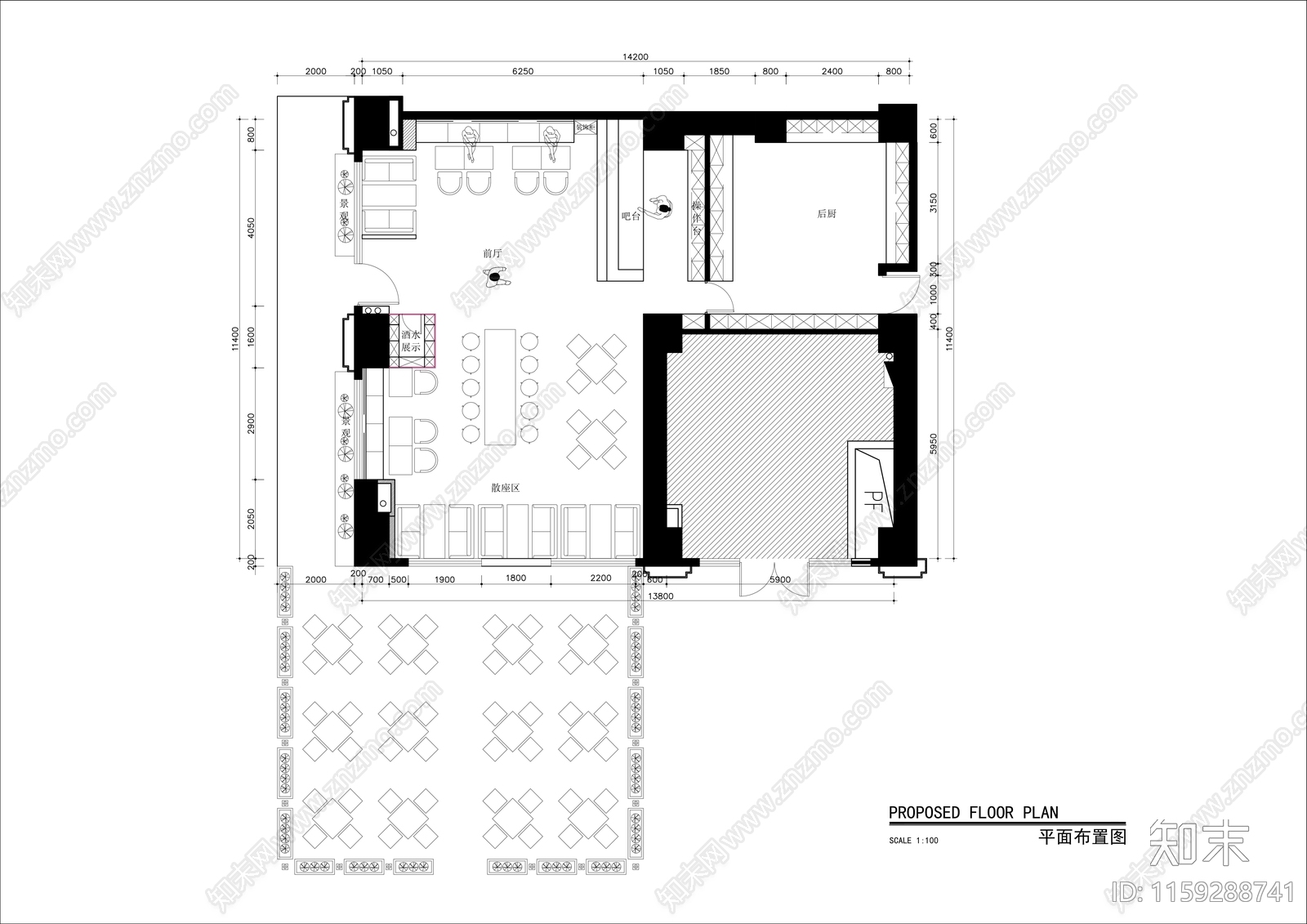 150㎡小清新咖啡厅带外摆平面布置图cad施工图下载【ID:1159288741】