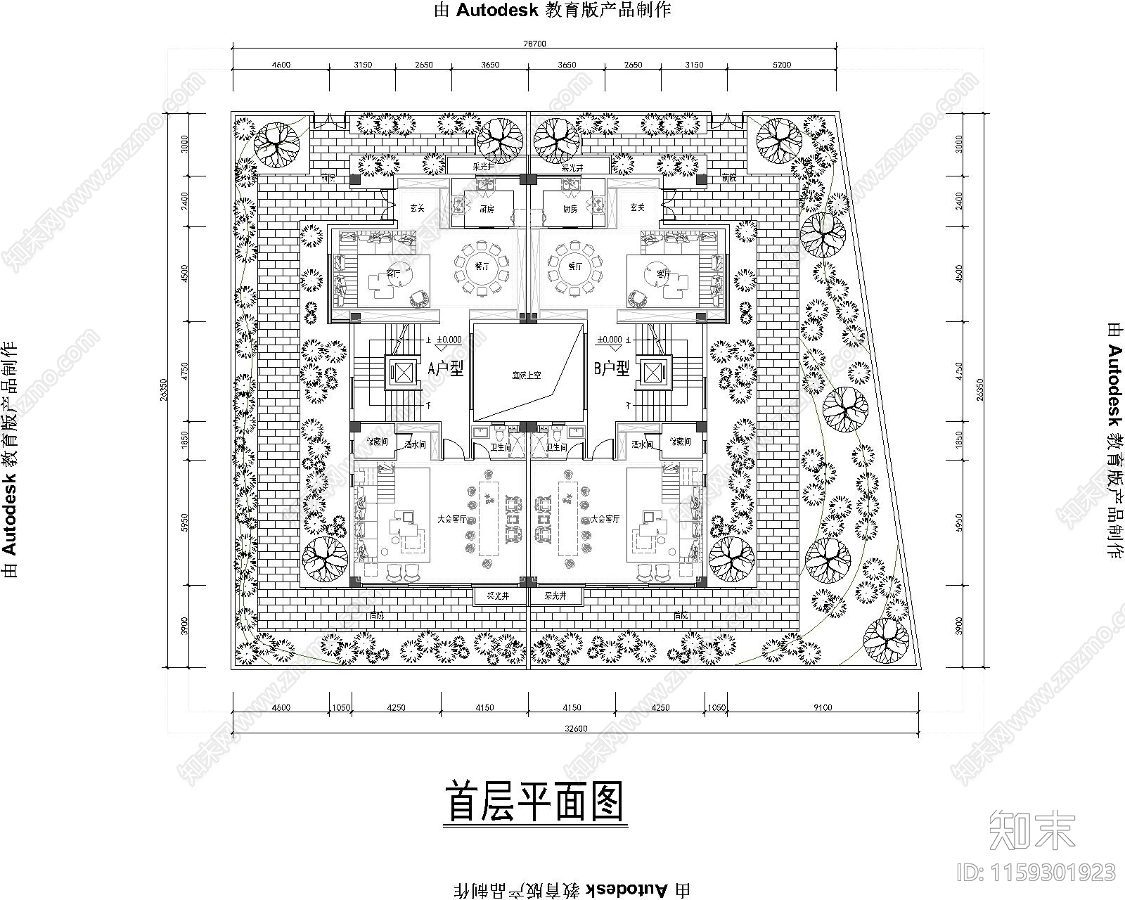 580㎡别墅平面图cad施工图下载【ID:1159301923】