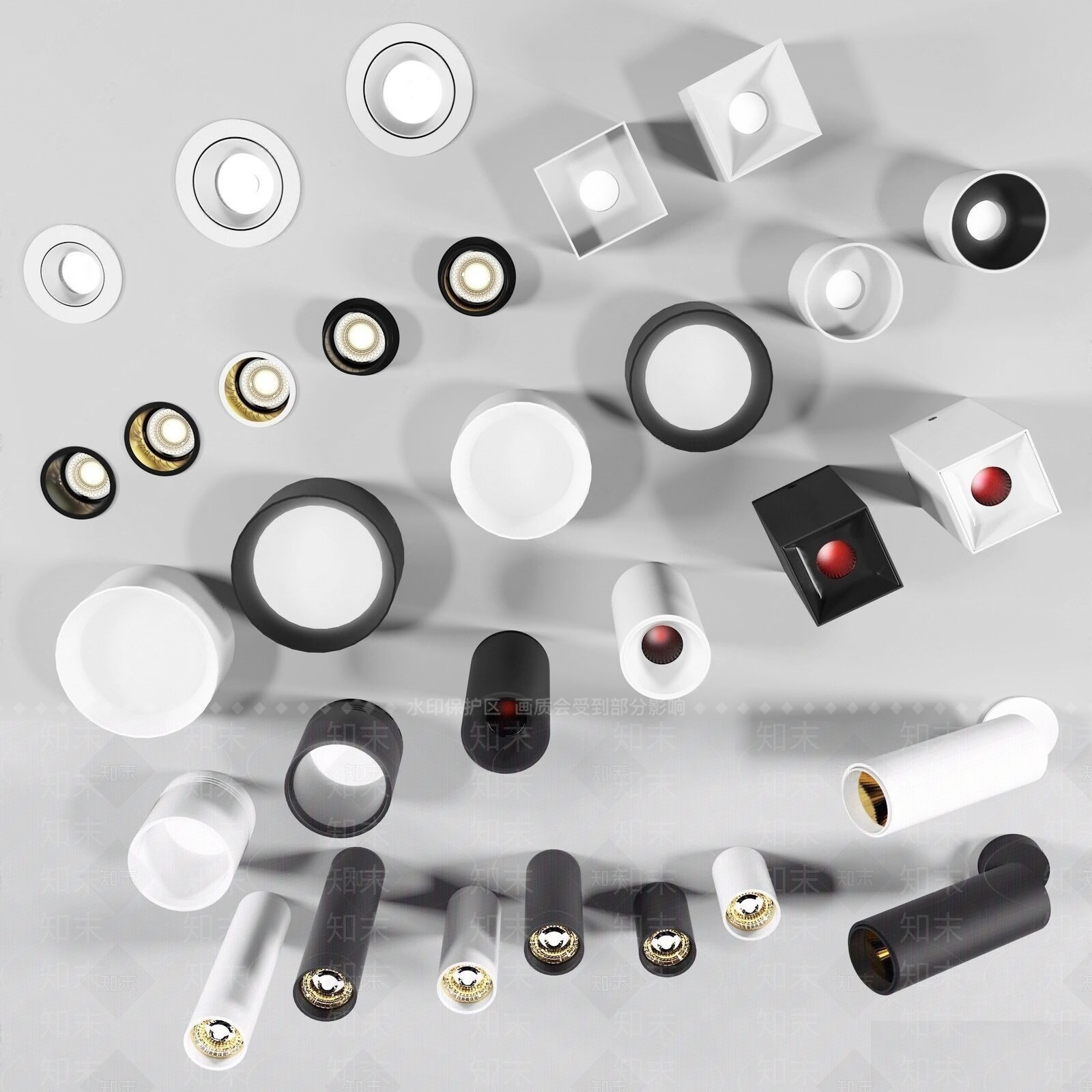 现代射灯明装筒灯射灯组合3D模型下载【ID:1159313171】