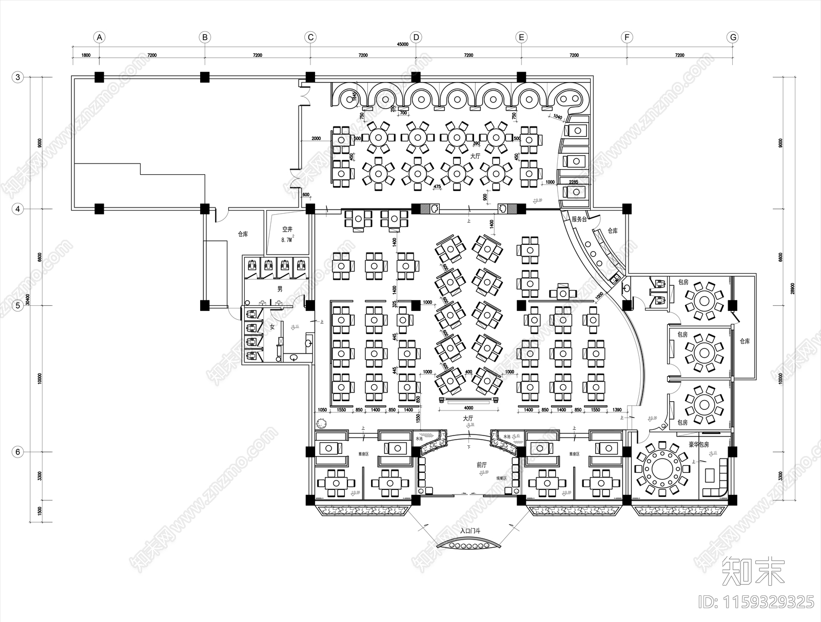 1000㎡上海中式餐厅平面布置图cad施工图下载【ID:1159329325】