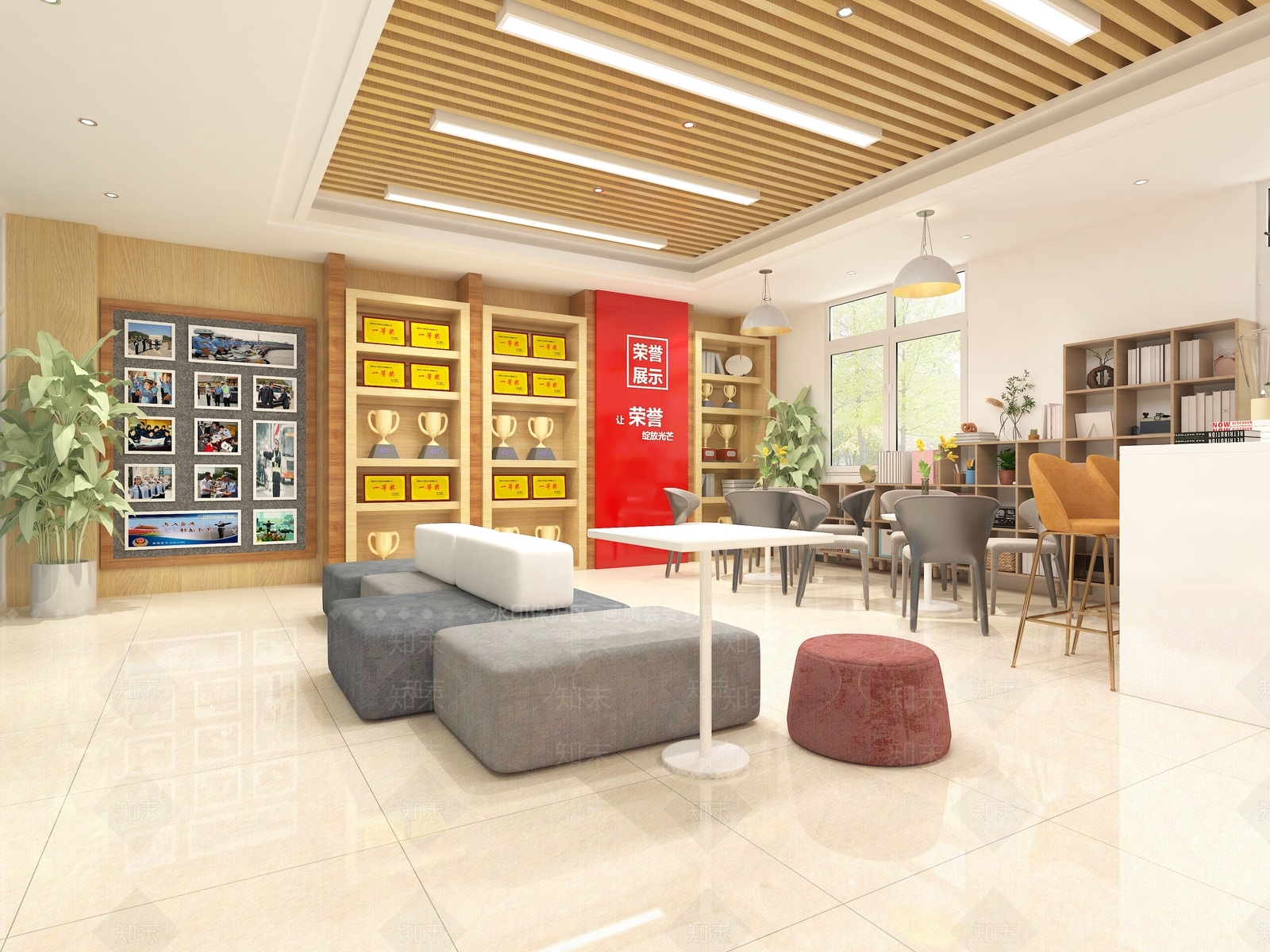 现代员工之家阅读室休闲室书架荣誉室水吧台植物3D模型下载【ID:1159331326】