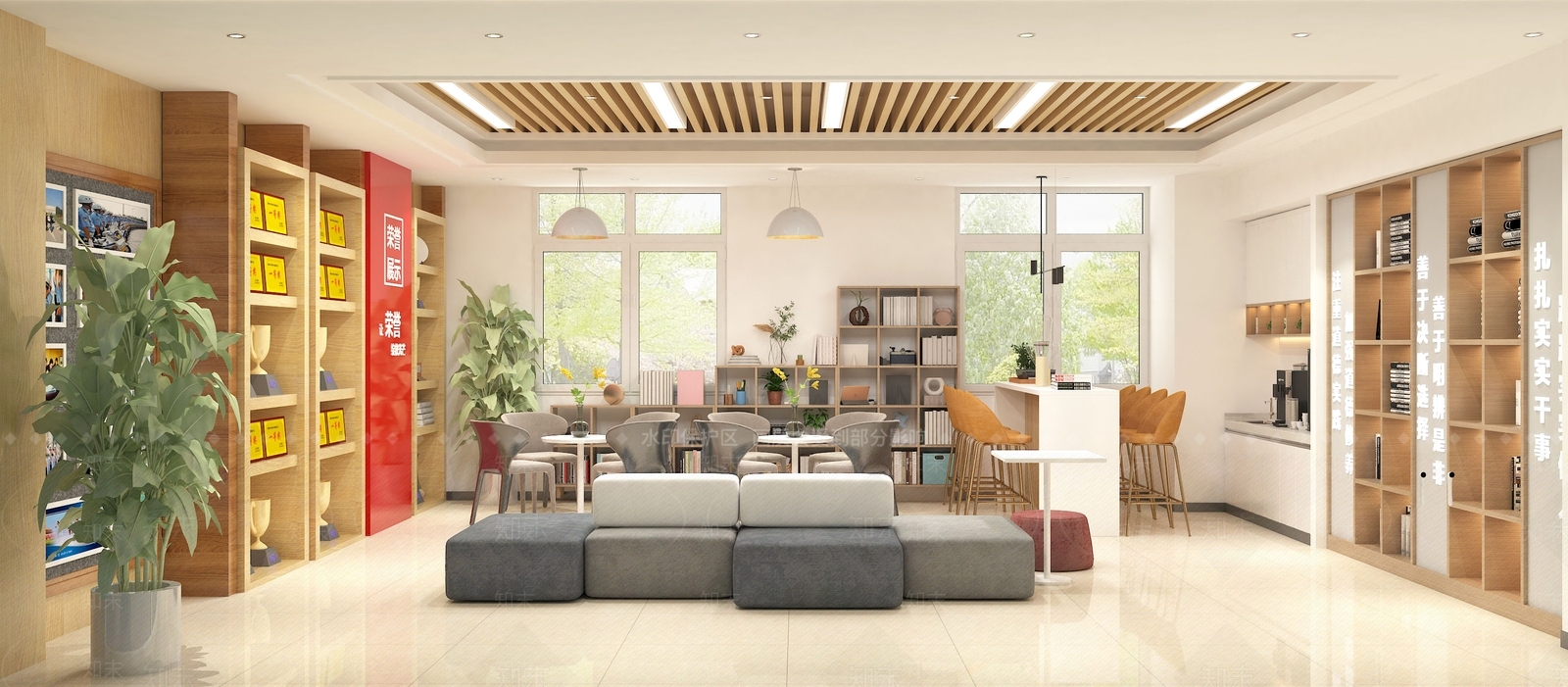现代员工之家阅读室休闲室书架荣誉室水吧台植物3D模型下载【ID:1159331326】