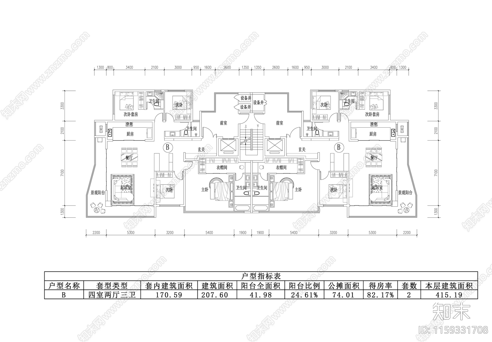 T2大平层平面布置图cad施工图下载【ID:1159331708】