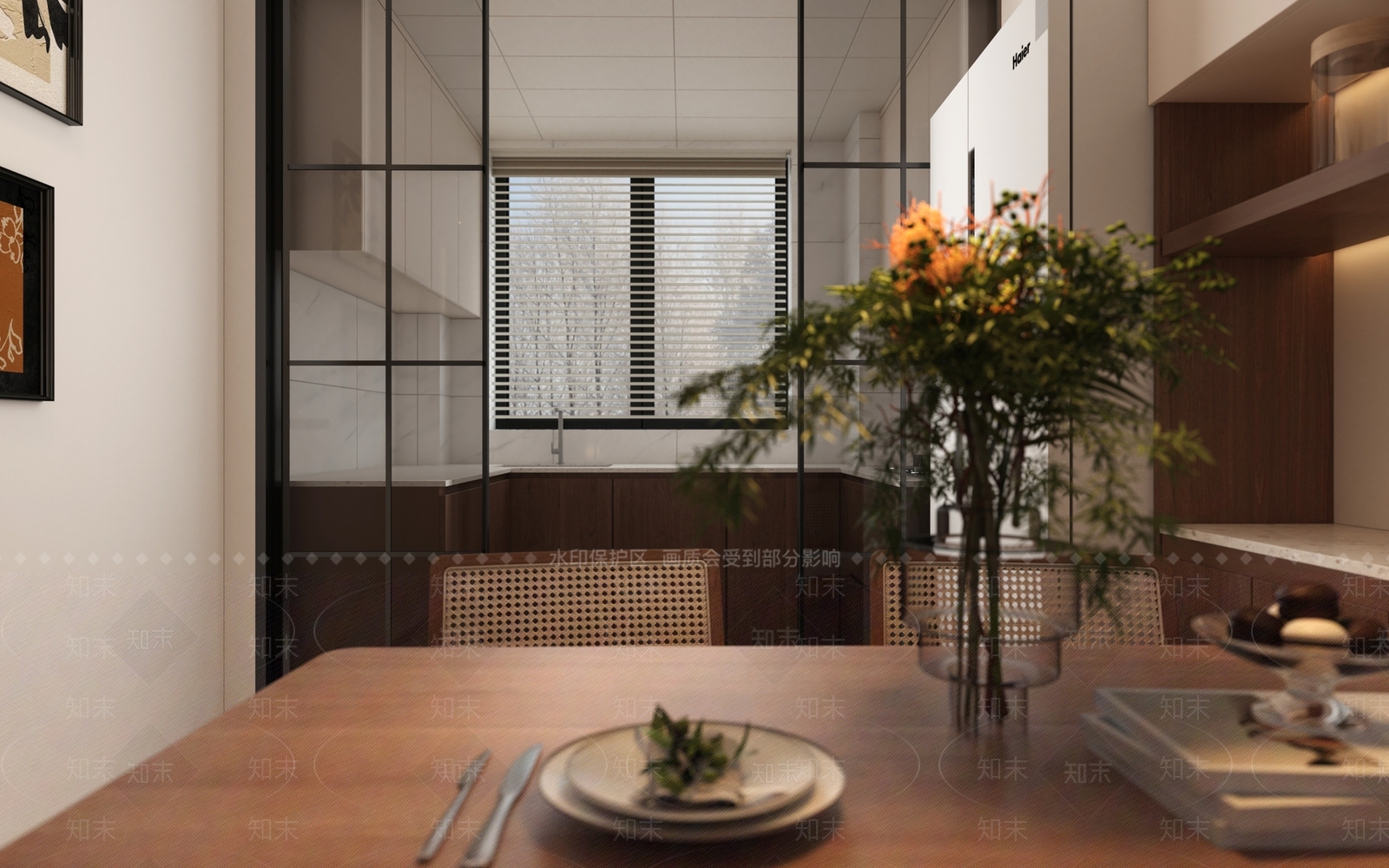 现代中古风原木风餐厅插花吊灯挂钟挂画绿植3D模型下载【ID:1159332859】