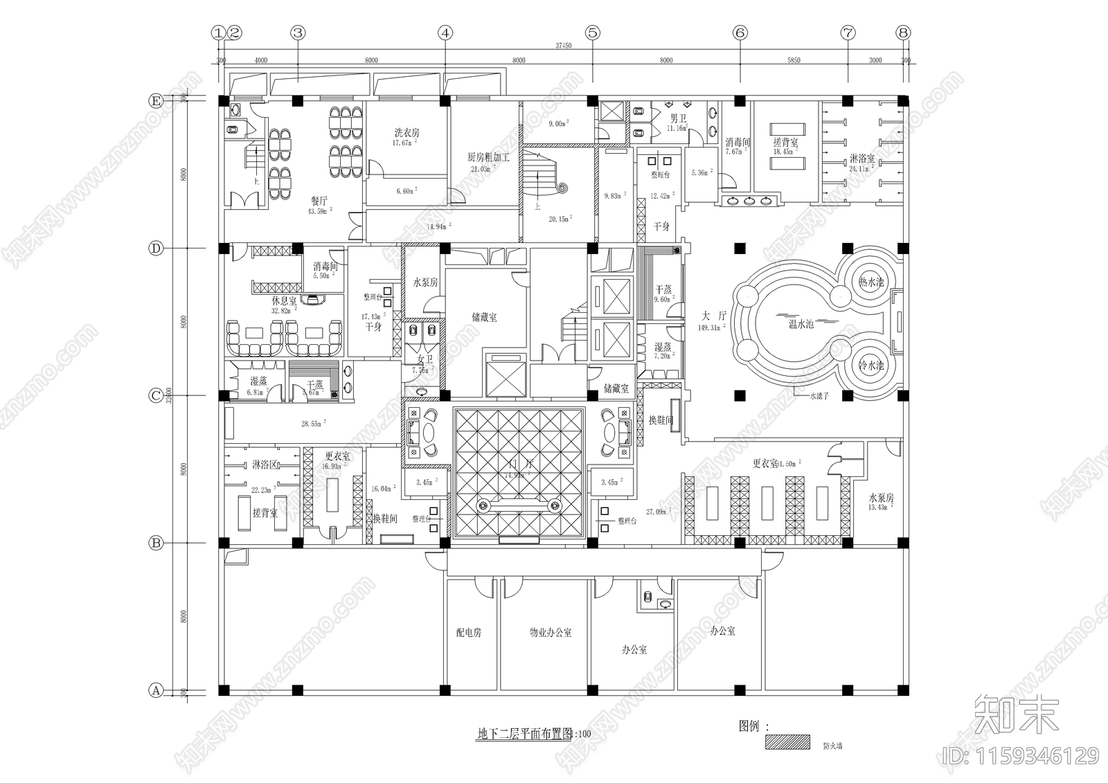 休闲中心平面布置图cad施工图下载【ID:1159346129】