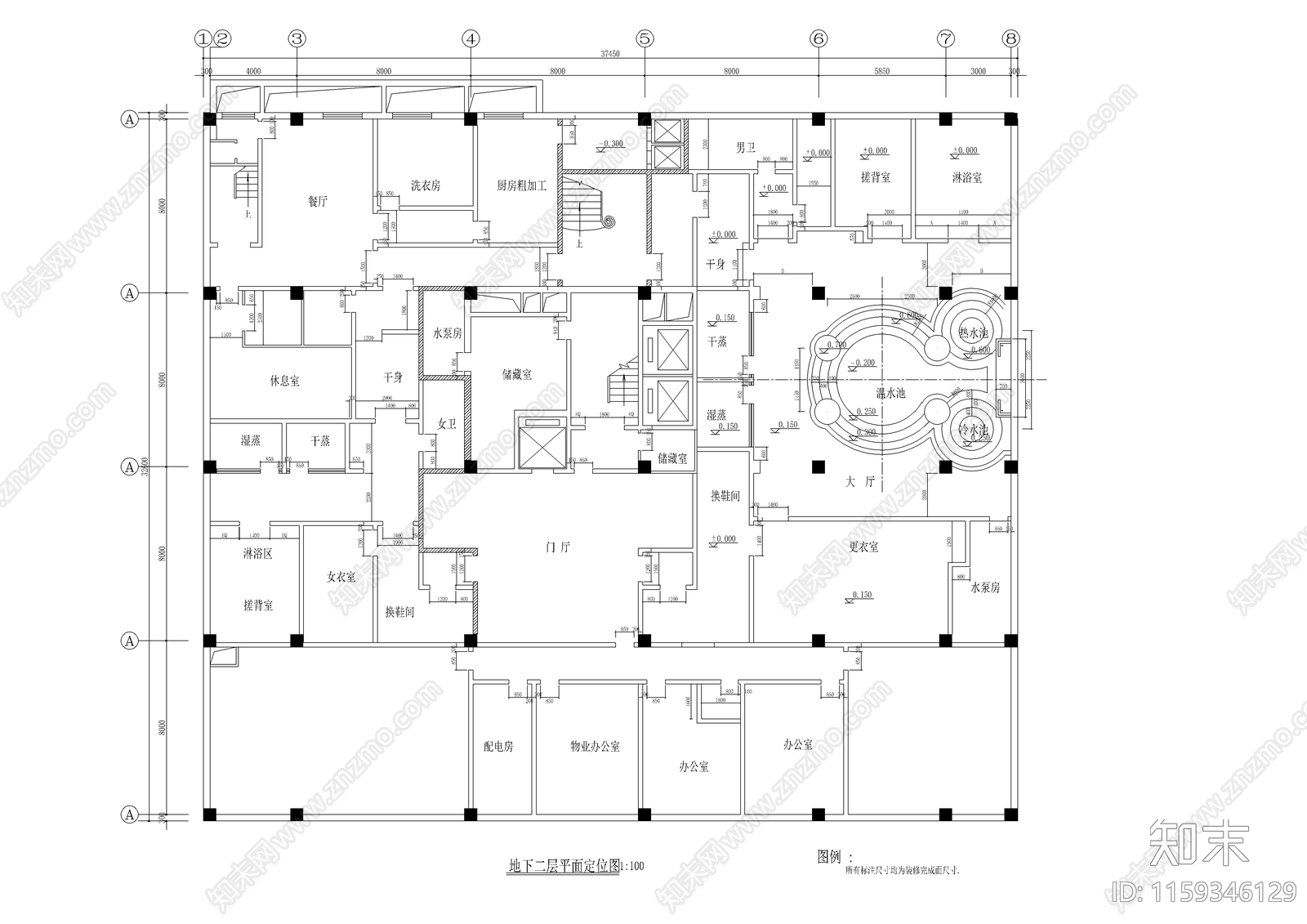 休闲中心平面布置图cad施工图下载【ID:1159346129】