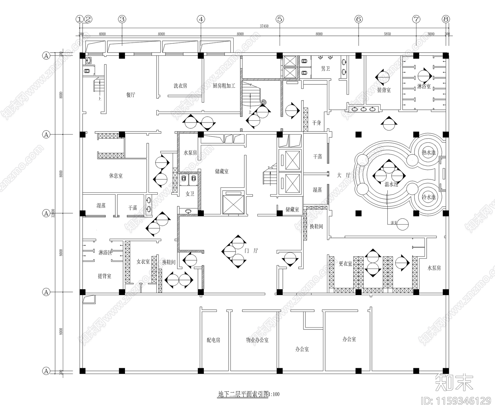 休闲中心平面布置图cad施工图下载【ID:1159346129】