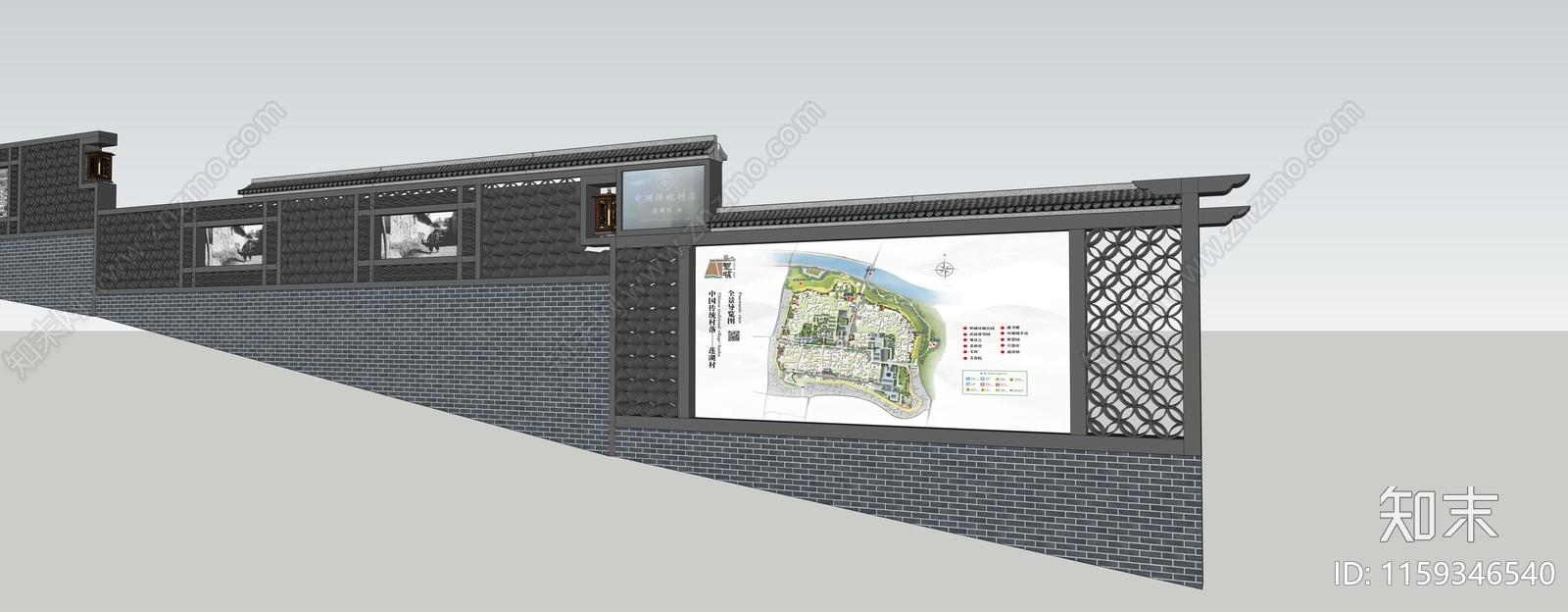 新中式导览文化展示墙SU模型下载【ID:1159346540】