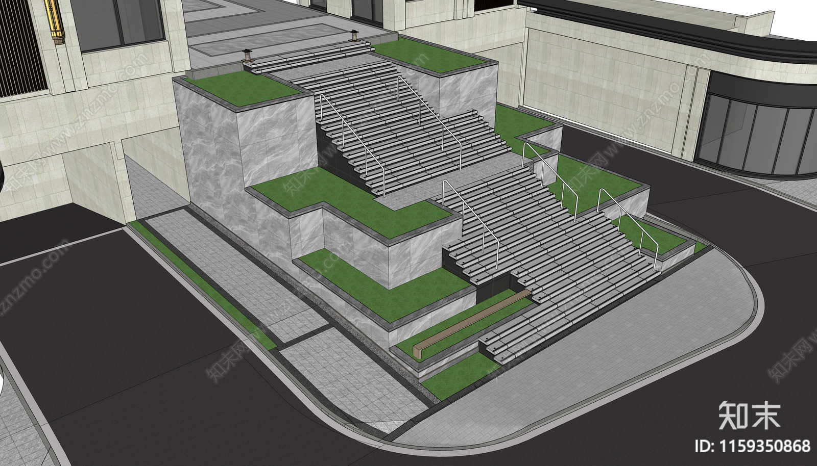 现代小区入口台阶景观设计SU模型下载【ID:1159350868】