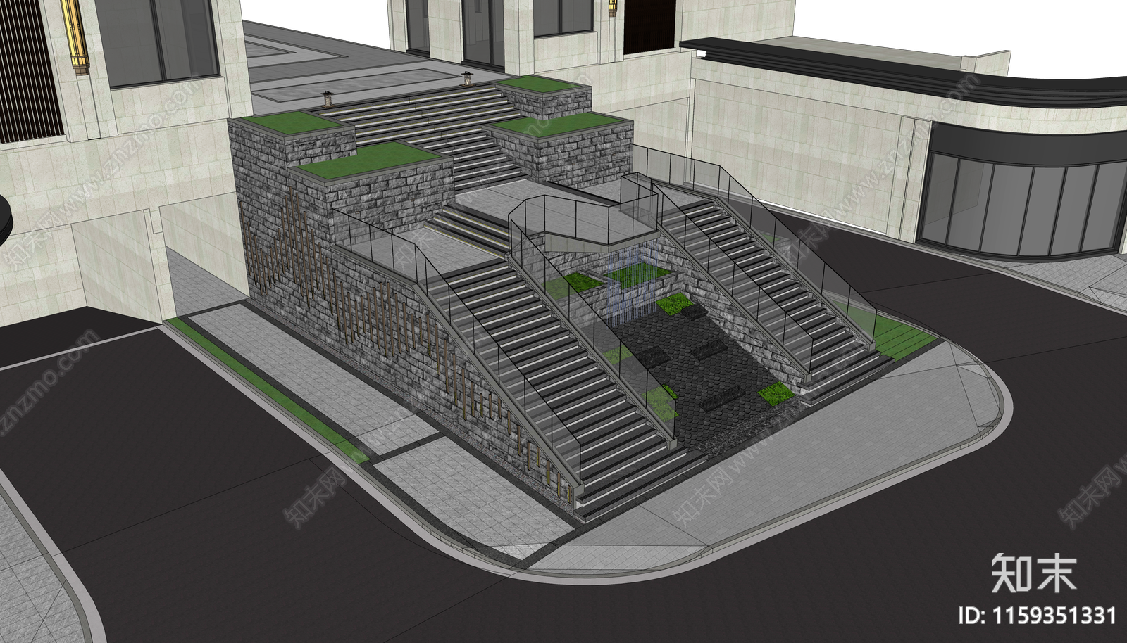 新中式小区入口台阶景观设计SU模型下载【ID:1159351331】