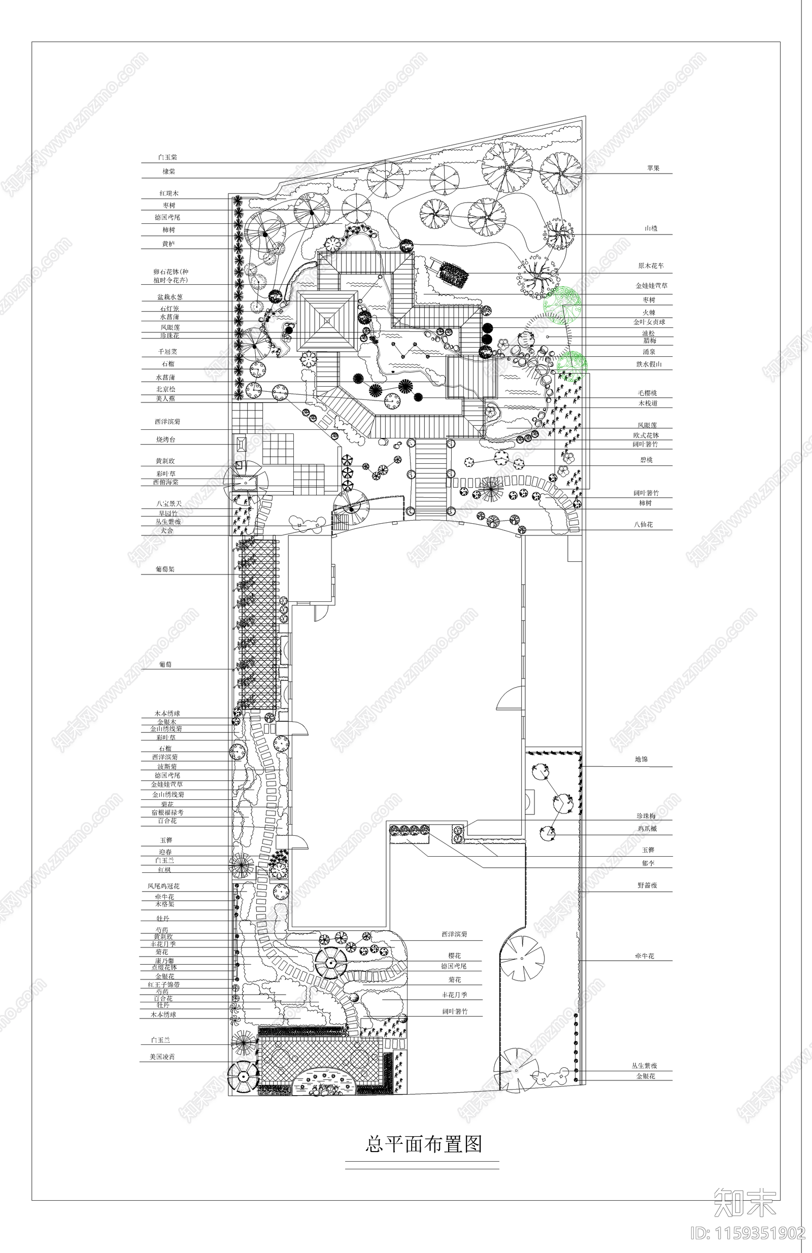 别墅庭院景观设计平面布置图cad施工图下载【ID:1159351902】