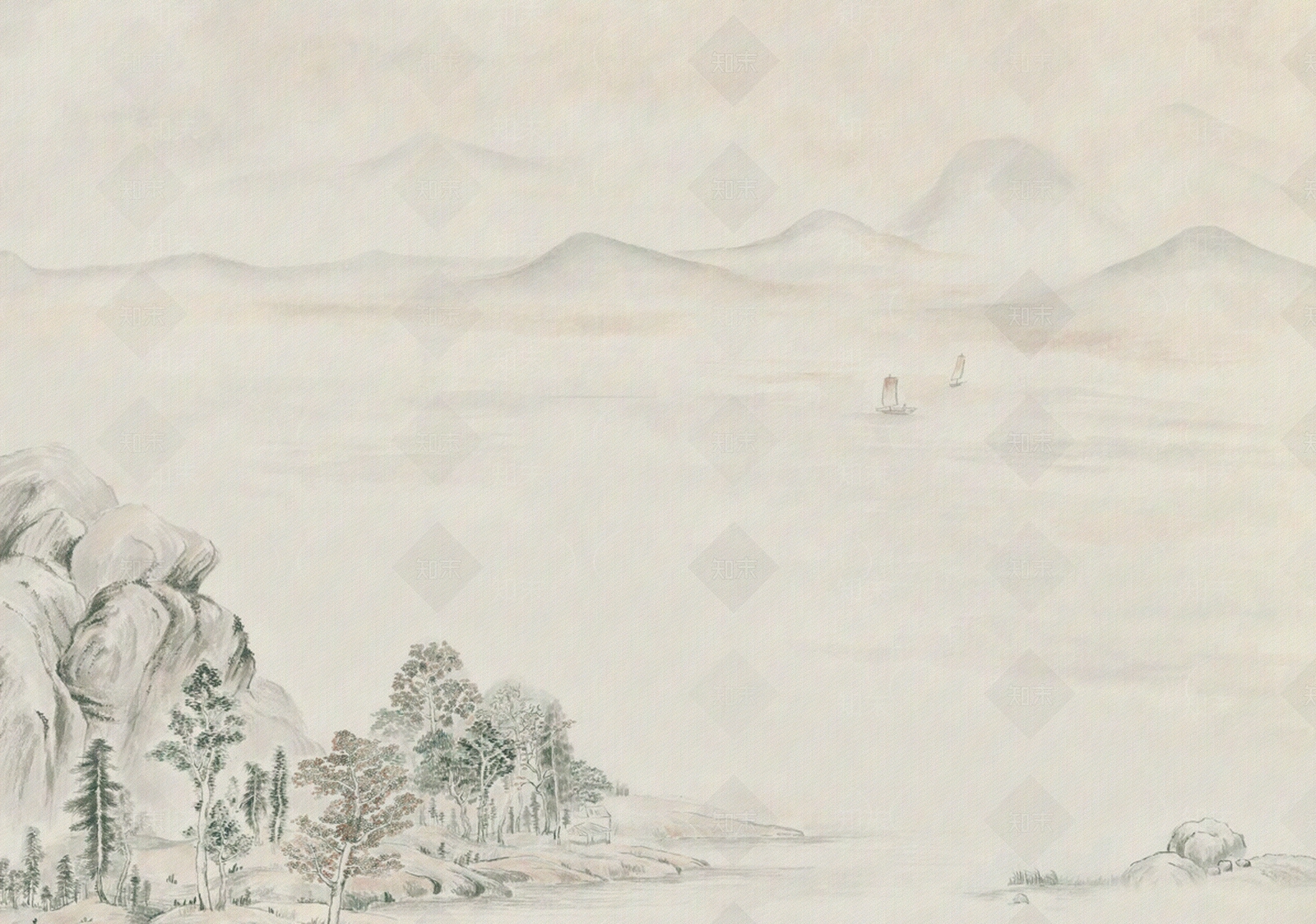 新中式江上帆船山水画贴图下载【ID:1159352335】