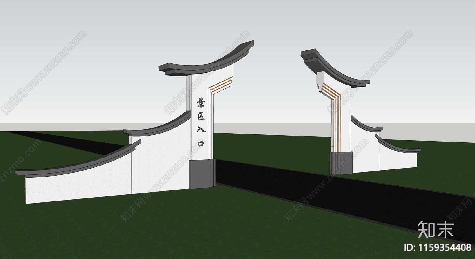 新中式景区入口大门SU模型下载【ID:1159354408】