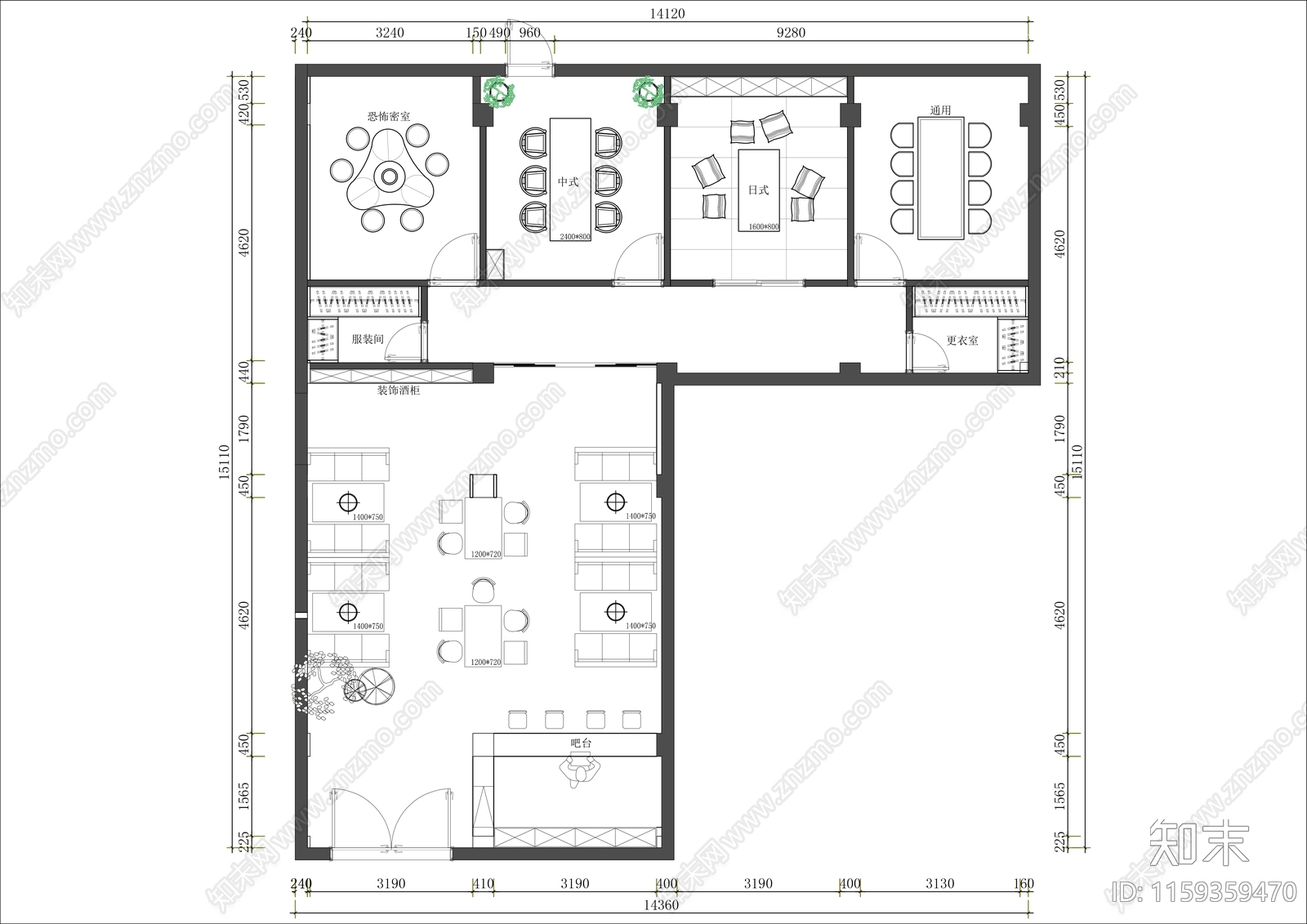 150㎡剧本杀店平面布置图cad施工图下载【ID:1159359470】