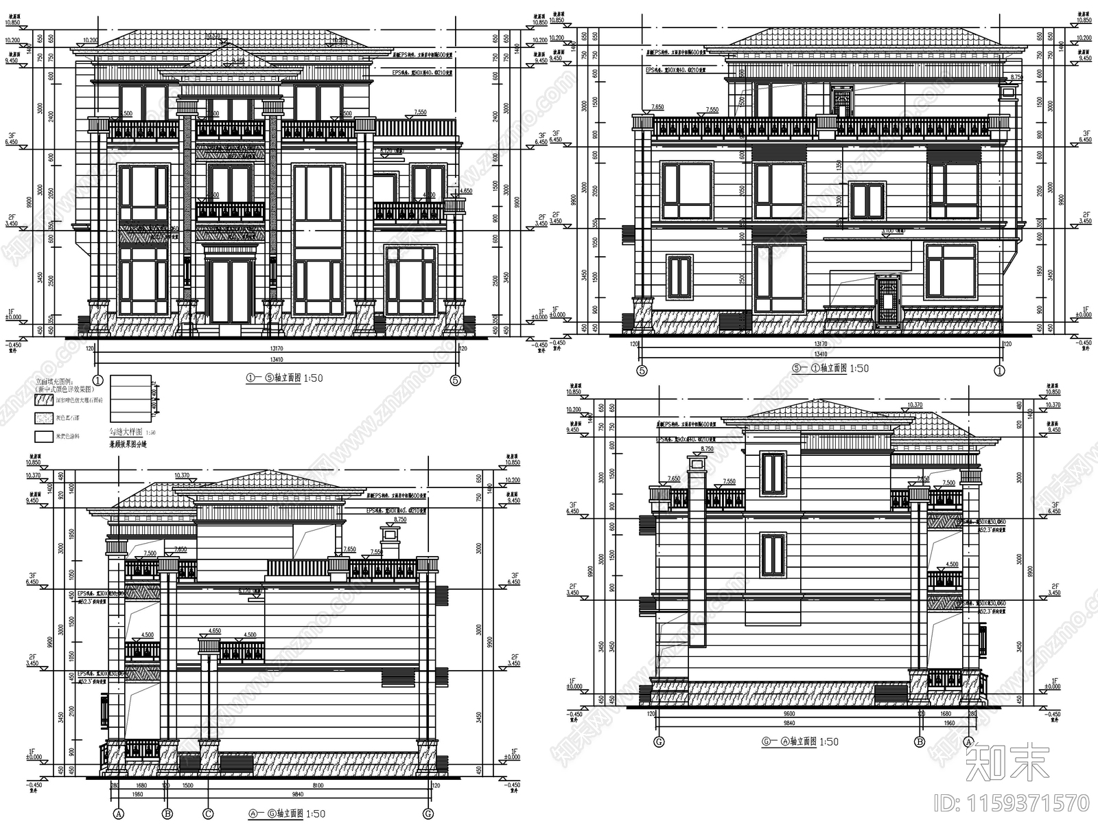 新中式三层自建房cad施工图下载【ID:1159371570】