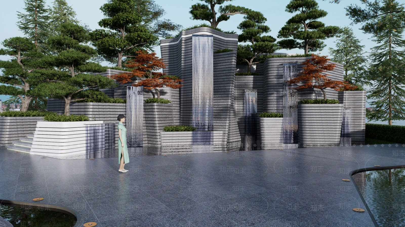 新中式跌水景观SU模型下载【ID:1159378140】