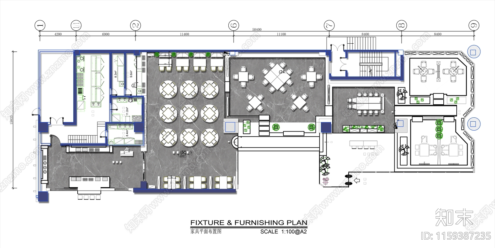 400㎡酒店全日餐厅平面布置图cad施工图下载【ID:1159387235】