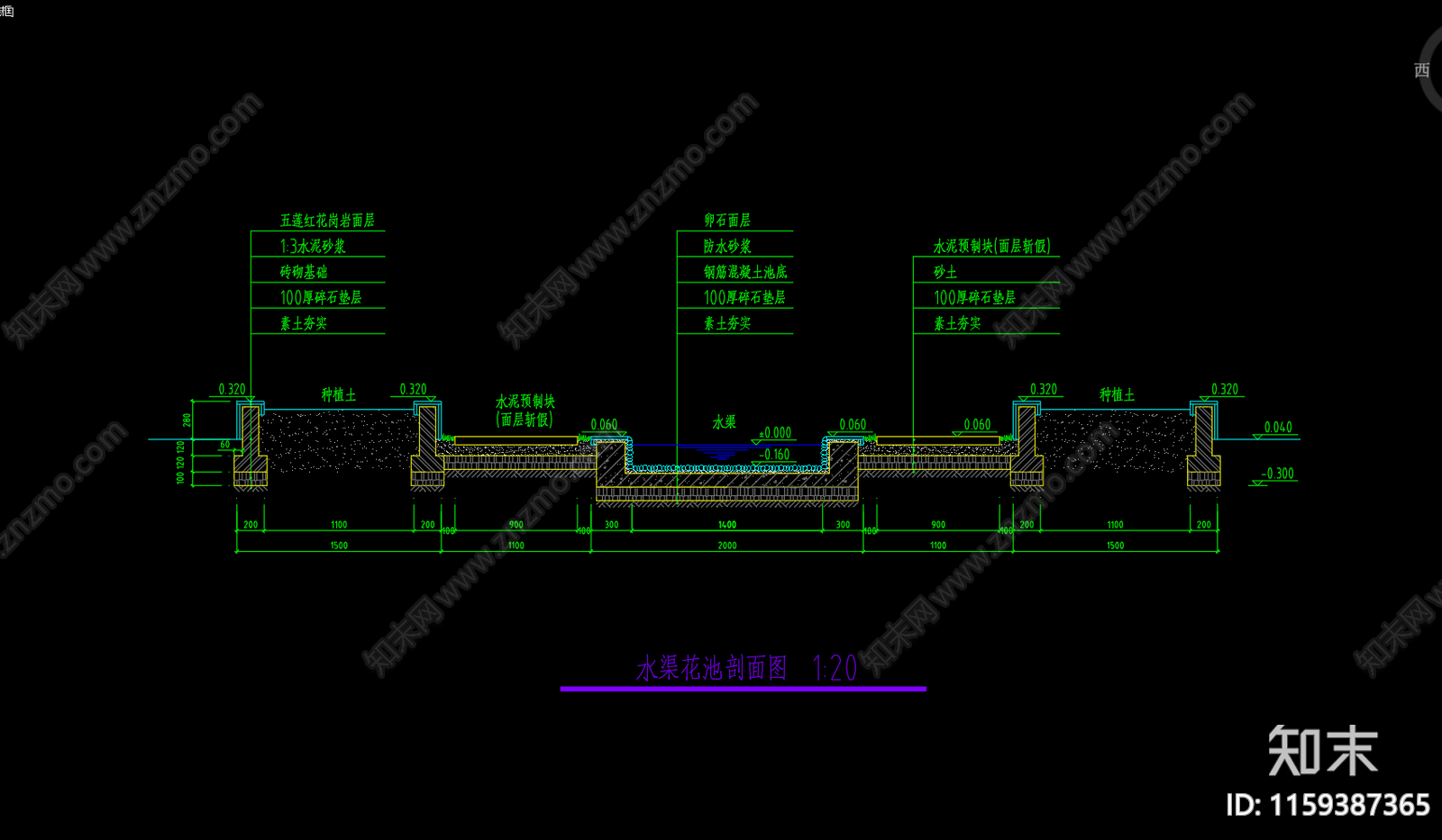 水渠花池剖面图cad施工图下载【ID:1159387365】